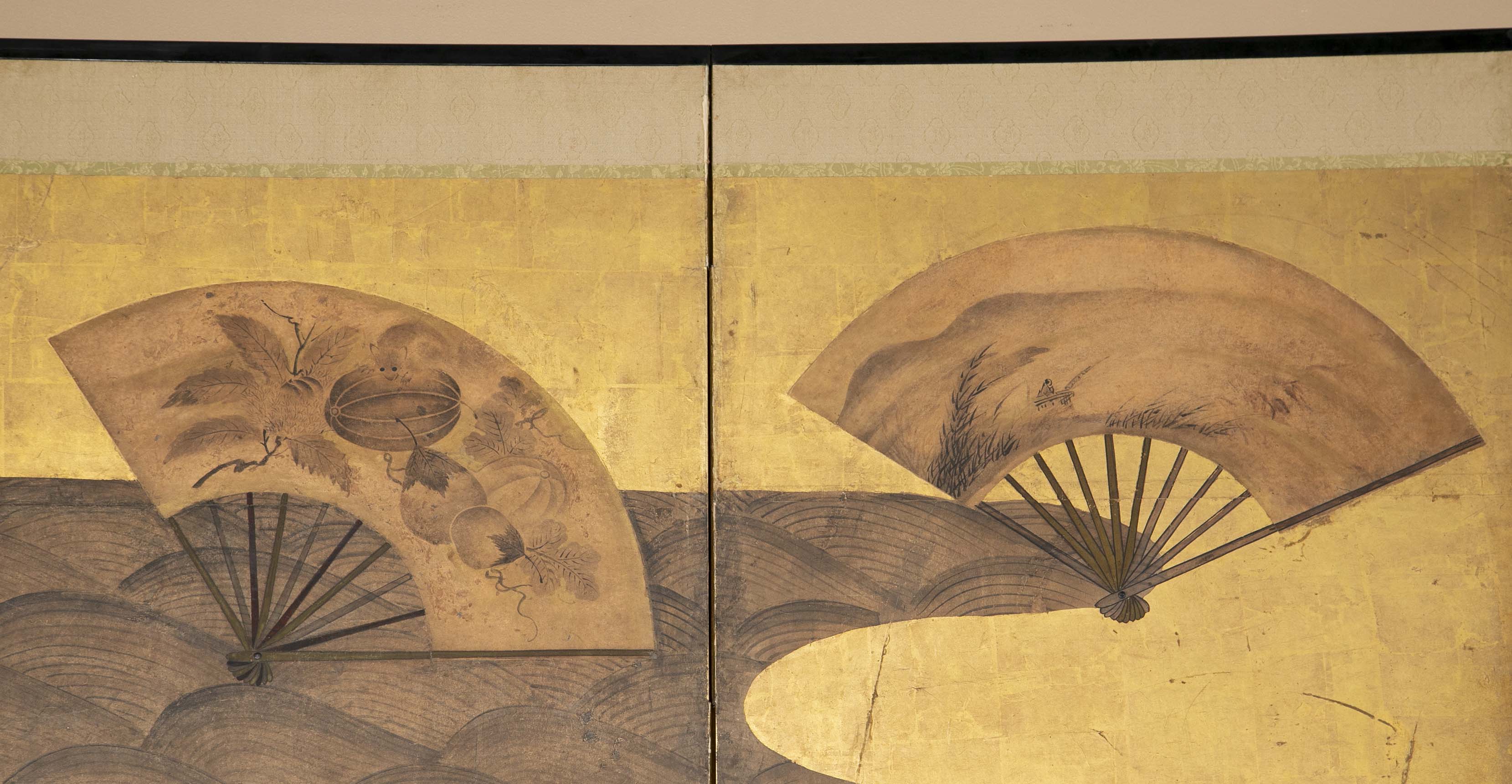 A Six Panel Antique Japanese Screen Depicting Fans