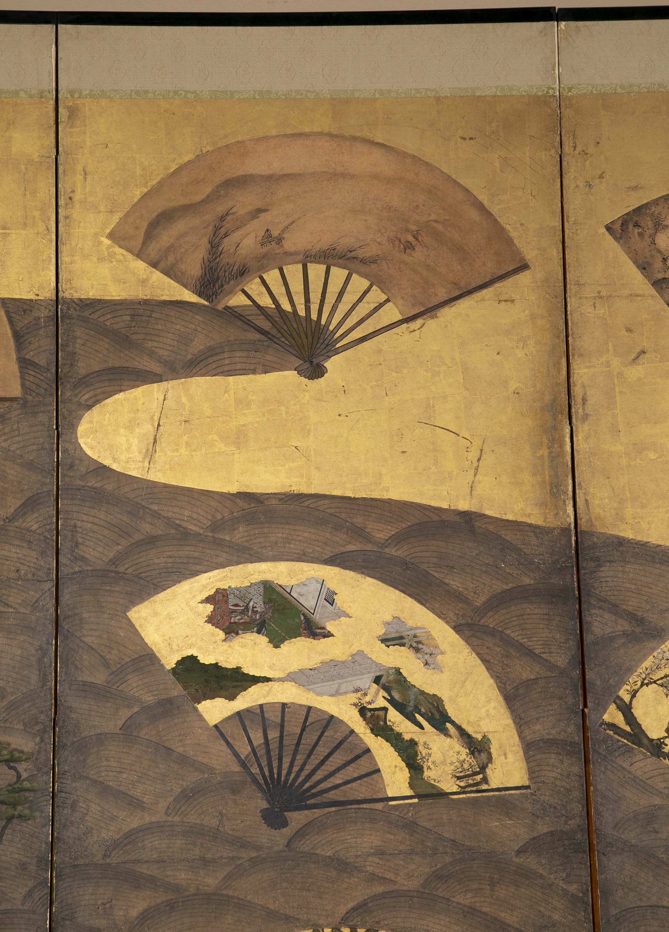 A Six Panel Antique Japanese Screen Depicting Fans