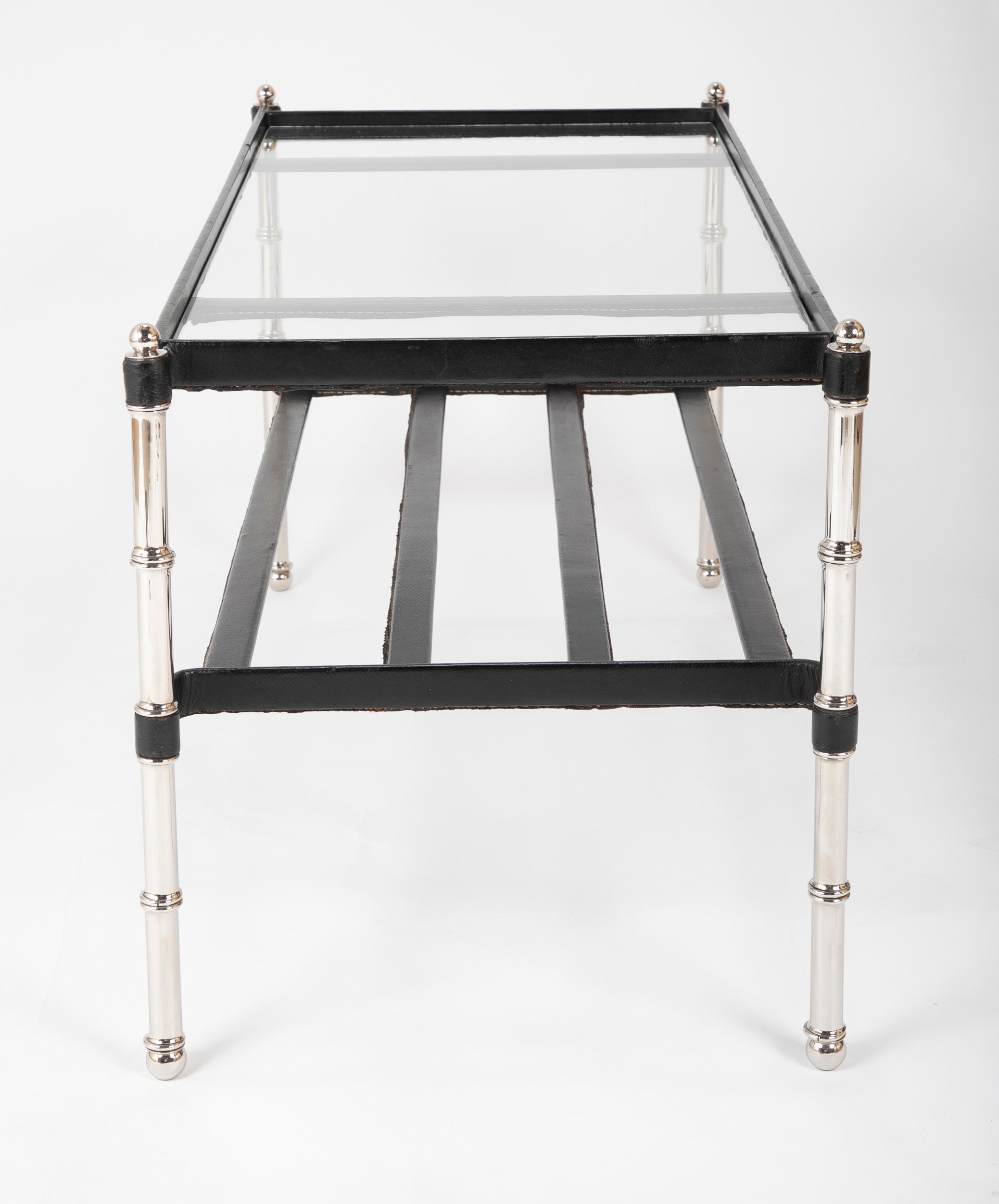 A Black Leather Wrapped and Chrome Jacques Adnet Glass Top Coffee Table