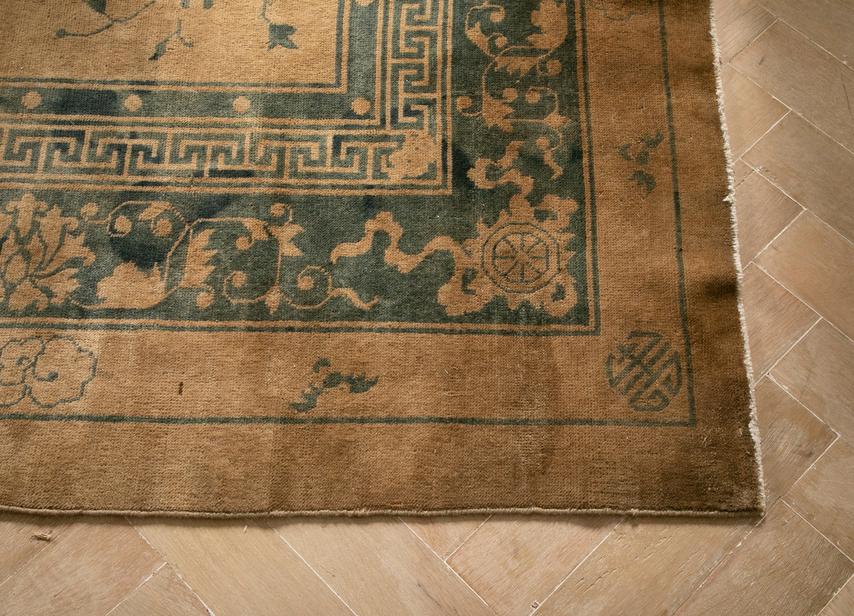 Chinese Carpet with Floral and Eyed Border Around Field of 5 Medallions