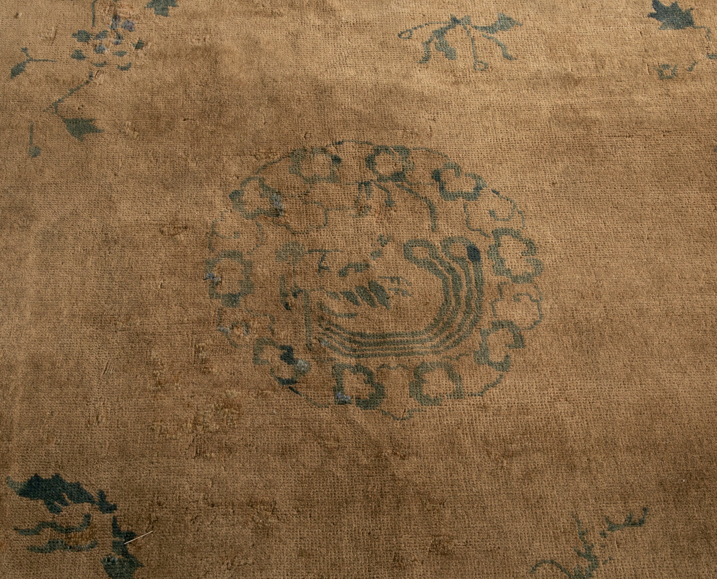Chinese Carpet with Floral and Eyed Border Around Field of 5 Medallions