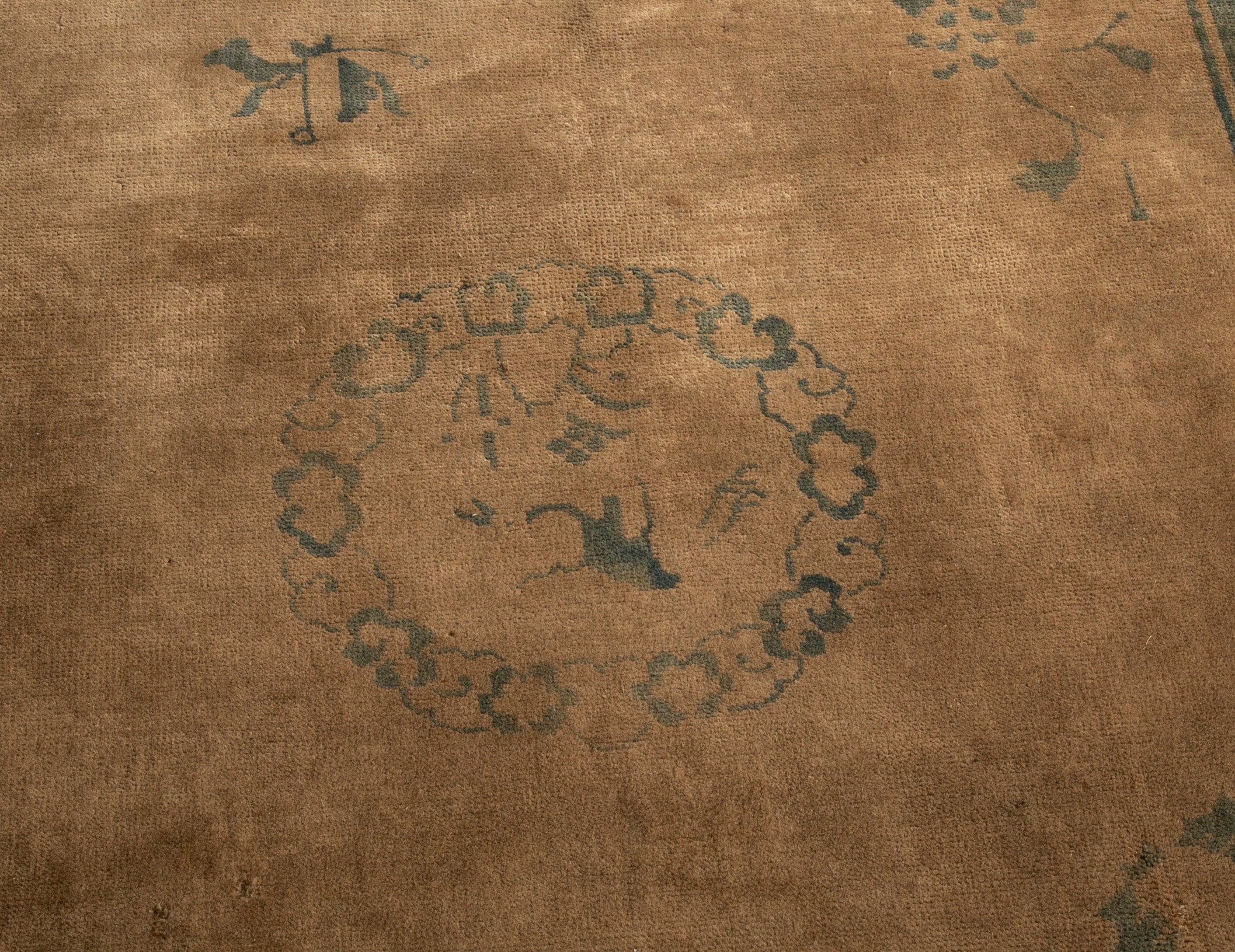 Chinese Carpet with Floral and Eyed Border Around Field of 5 Medallions