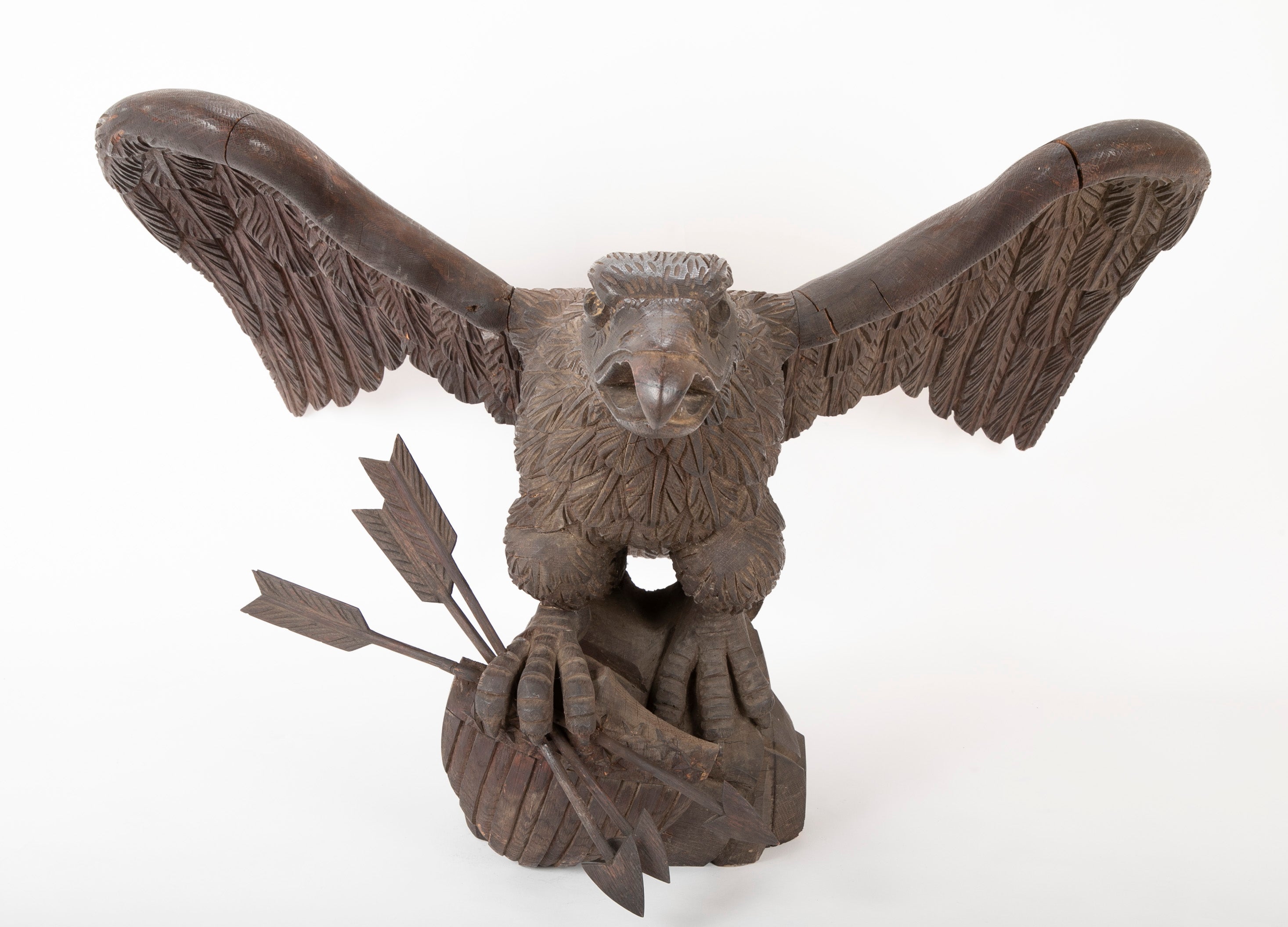 Outstanding Large Oak Carved Eagle Grasping Shield with Three Arrows in His Talons