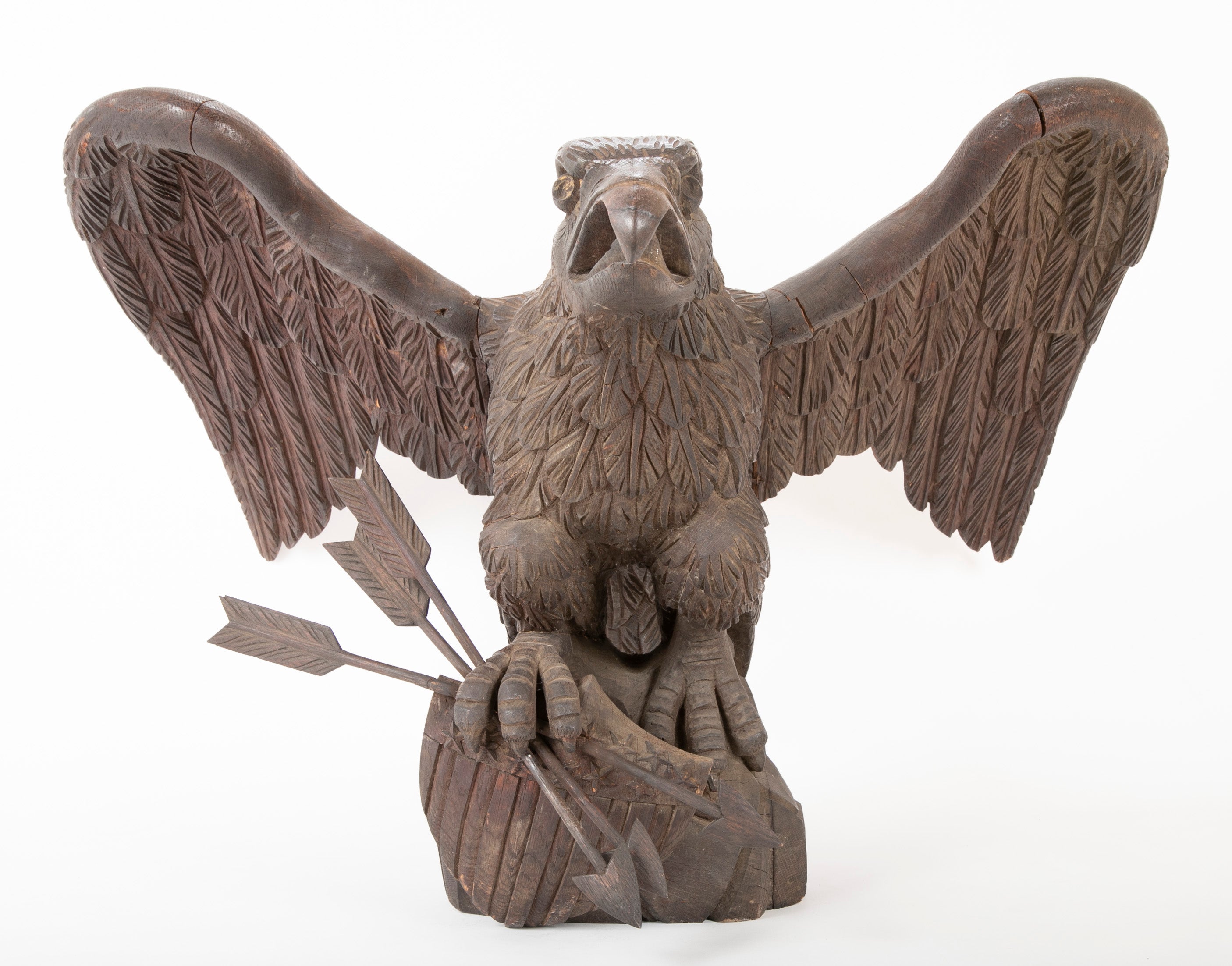 Outstanding Large Oak Carved Eagle Grasping Shield with Three Arrows in His Talons