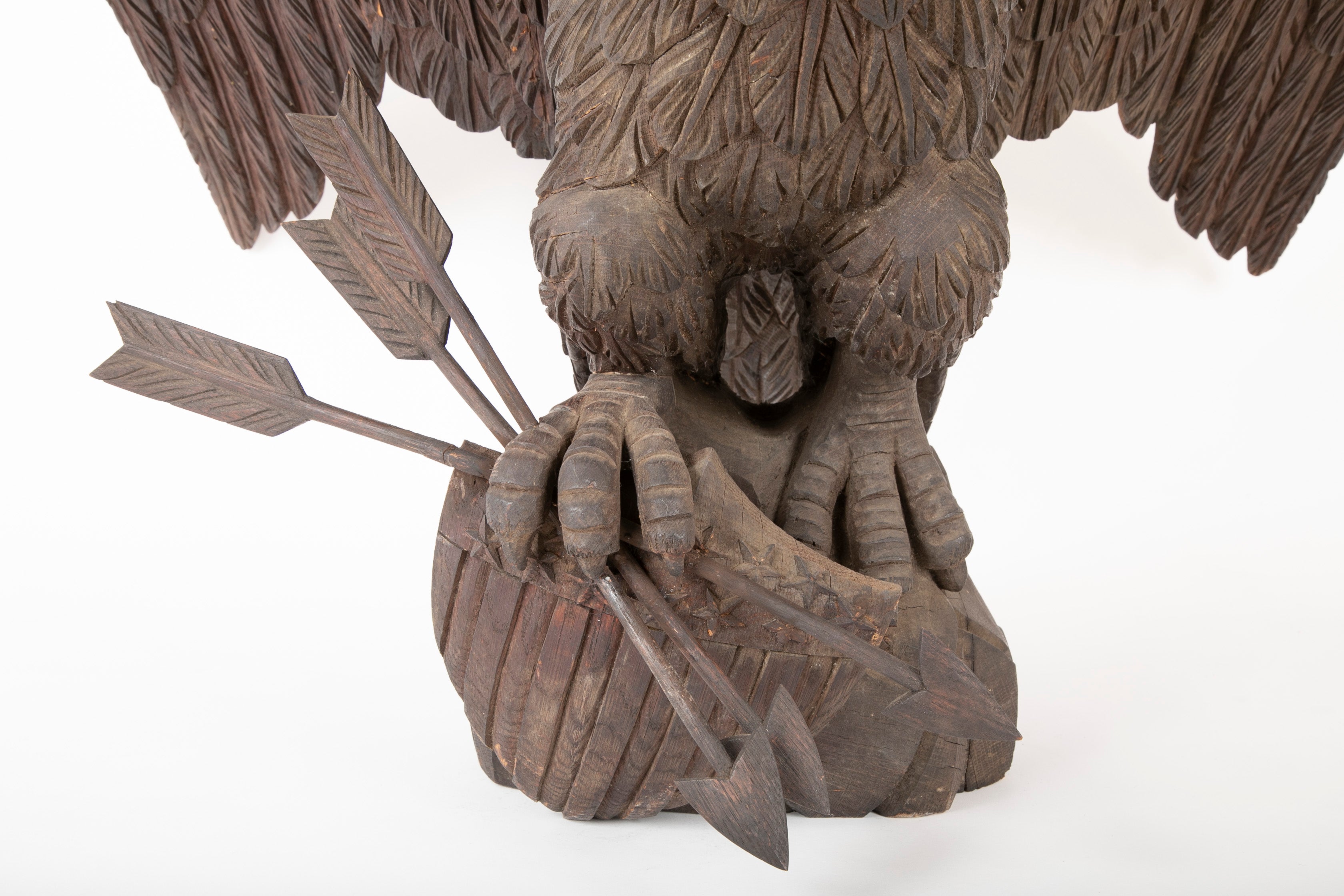Outstanding Large Oak Carved Eagle Grasping Shield with Three Arrows in His Talons
