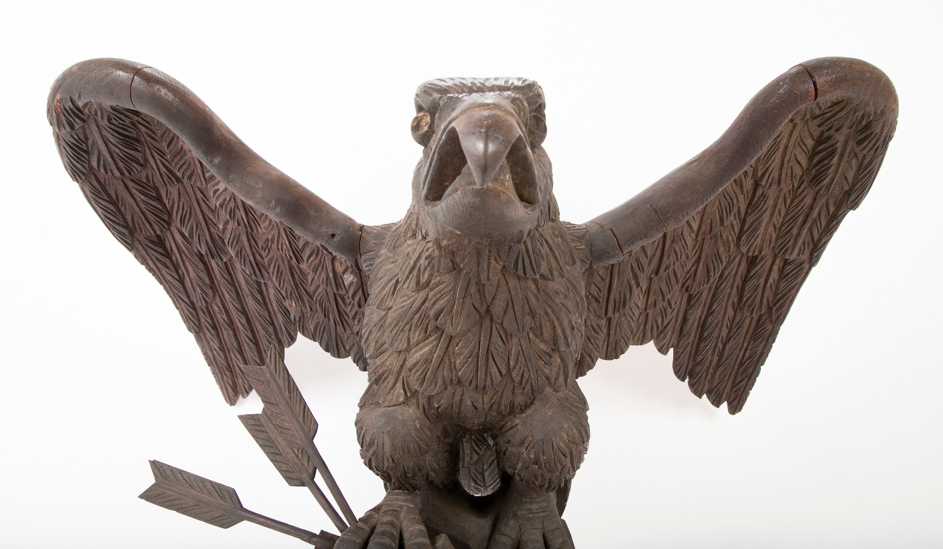 Outstanding Large Oak Carved Eagle Grasping Shield with Three Arrows in His Talons