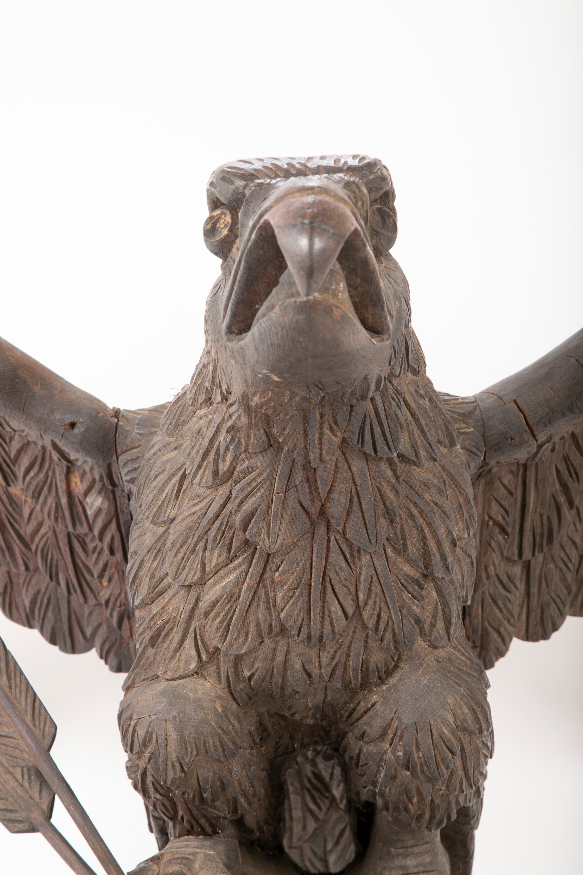 Outstanding Large Oak Carved Eagle Grasping Shield with Three Arrows in His Talons