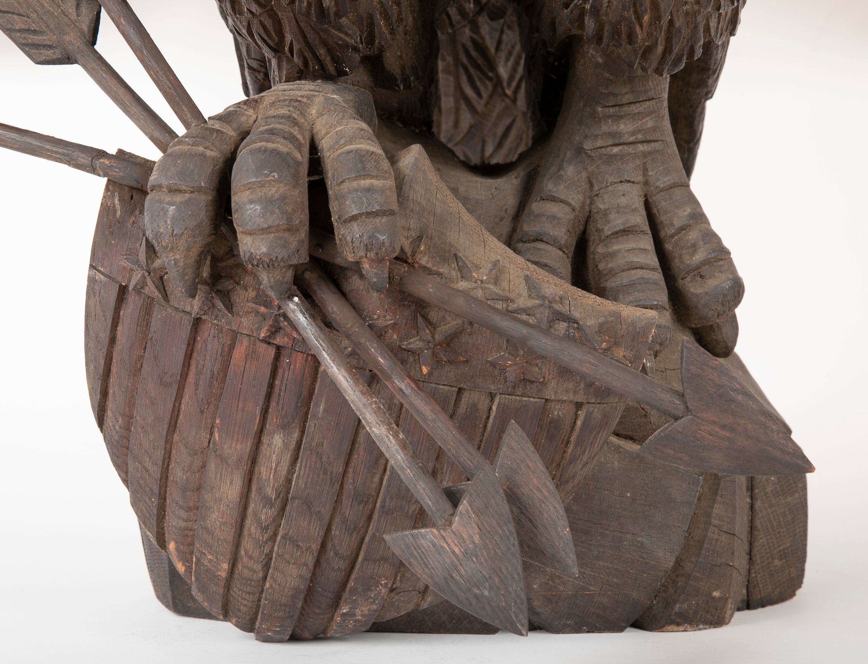 Outstanding Large Oak Carved Eagle Grasping Shield with Three Arrows in His Talons