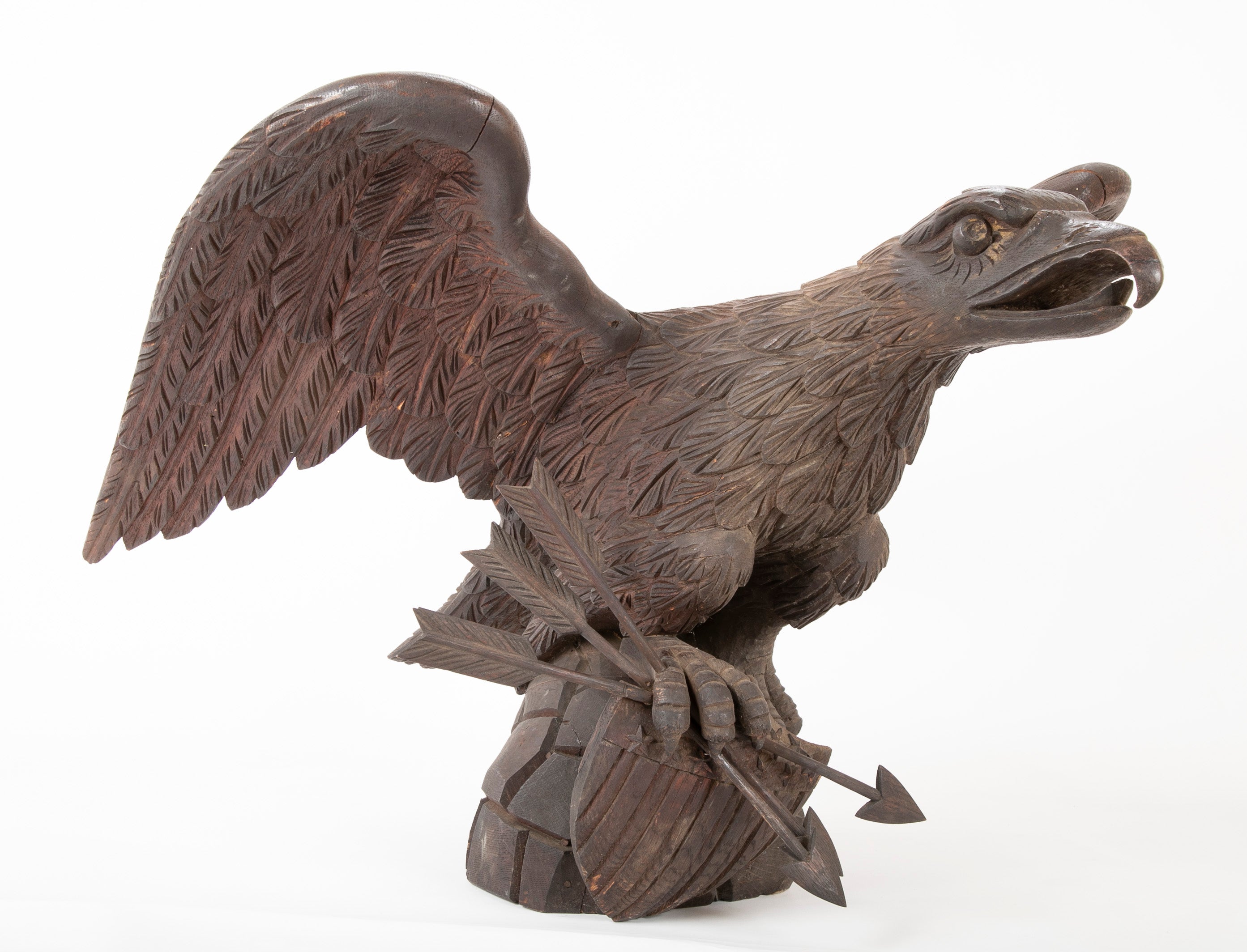 Outstanding Large Oak Carved Eagle Grasping Shield with Three Arrows in His Talons