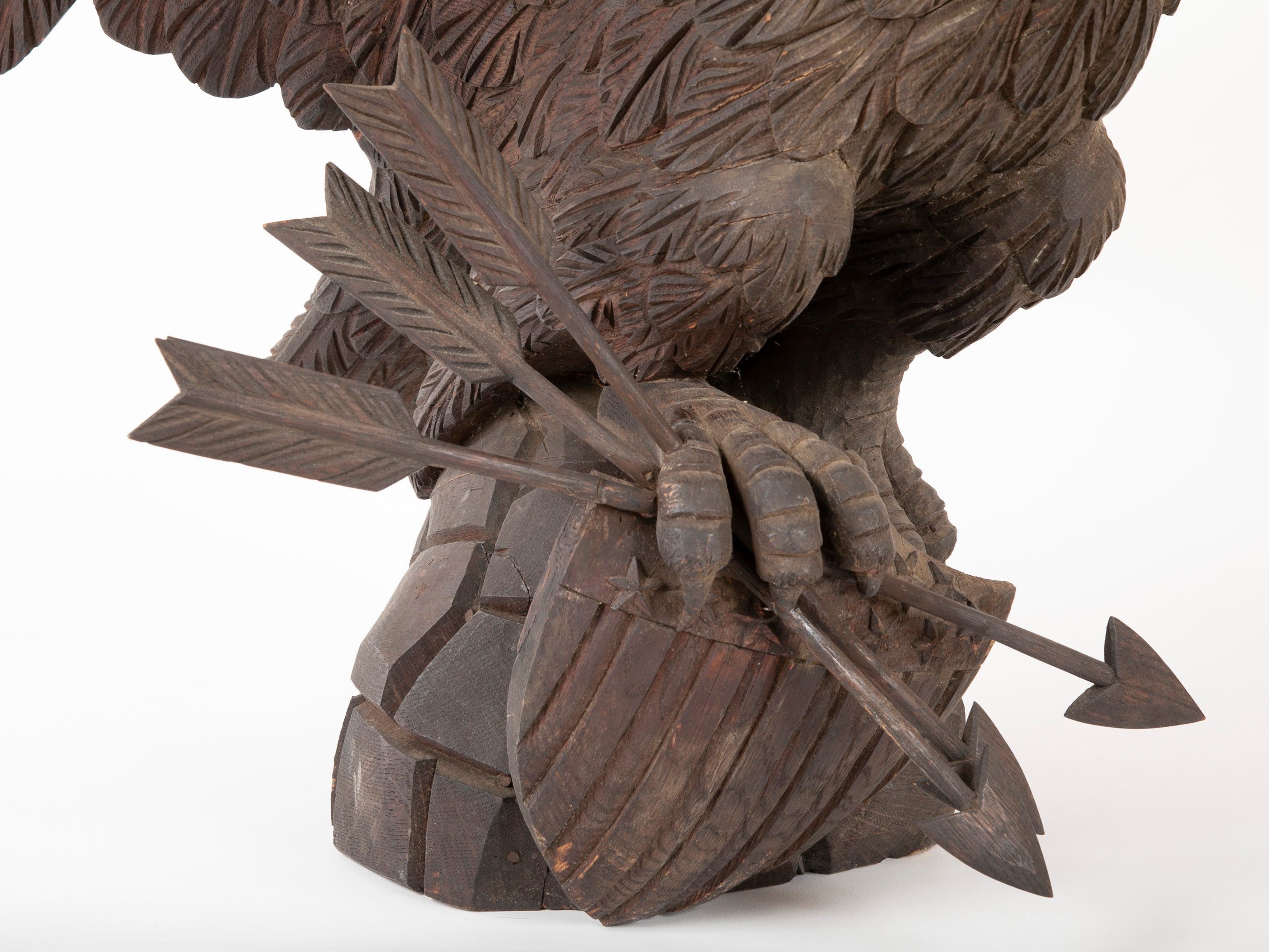 Outstanding Large Oak Carved Eagle Grasping Shield with Three Arrows in His Talons