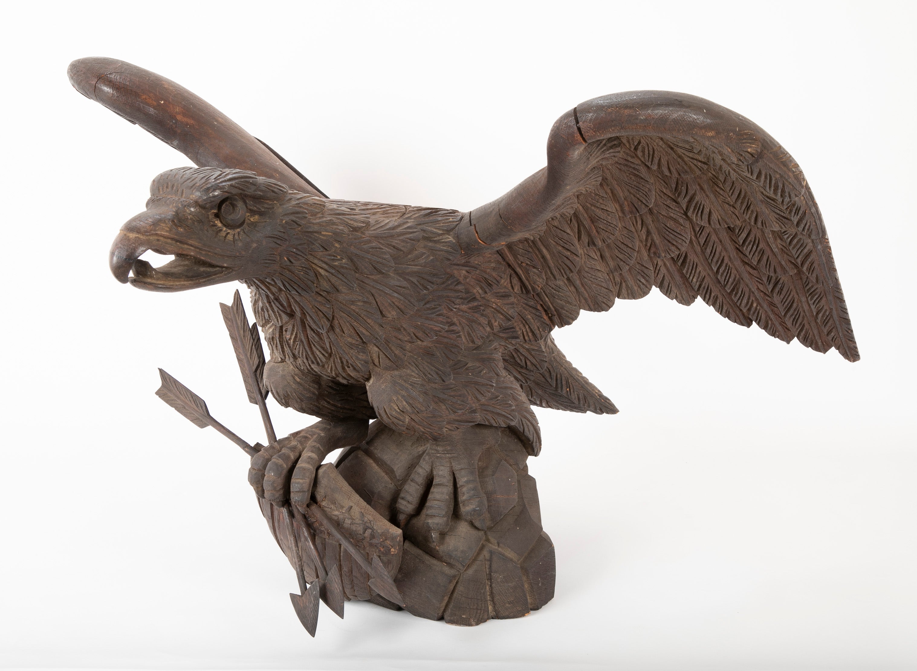 Outstanding Large Oak Carved Eagle Grasping Shield with Three Arrows in His Talons