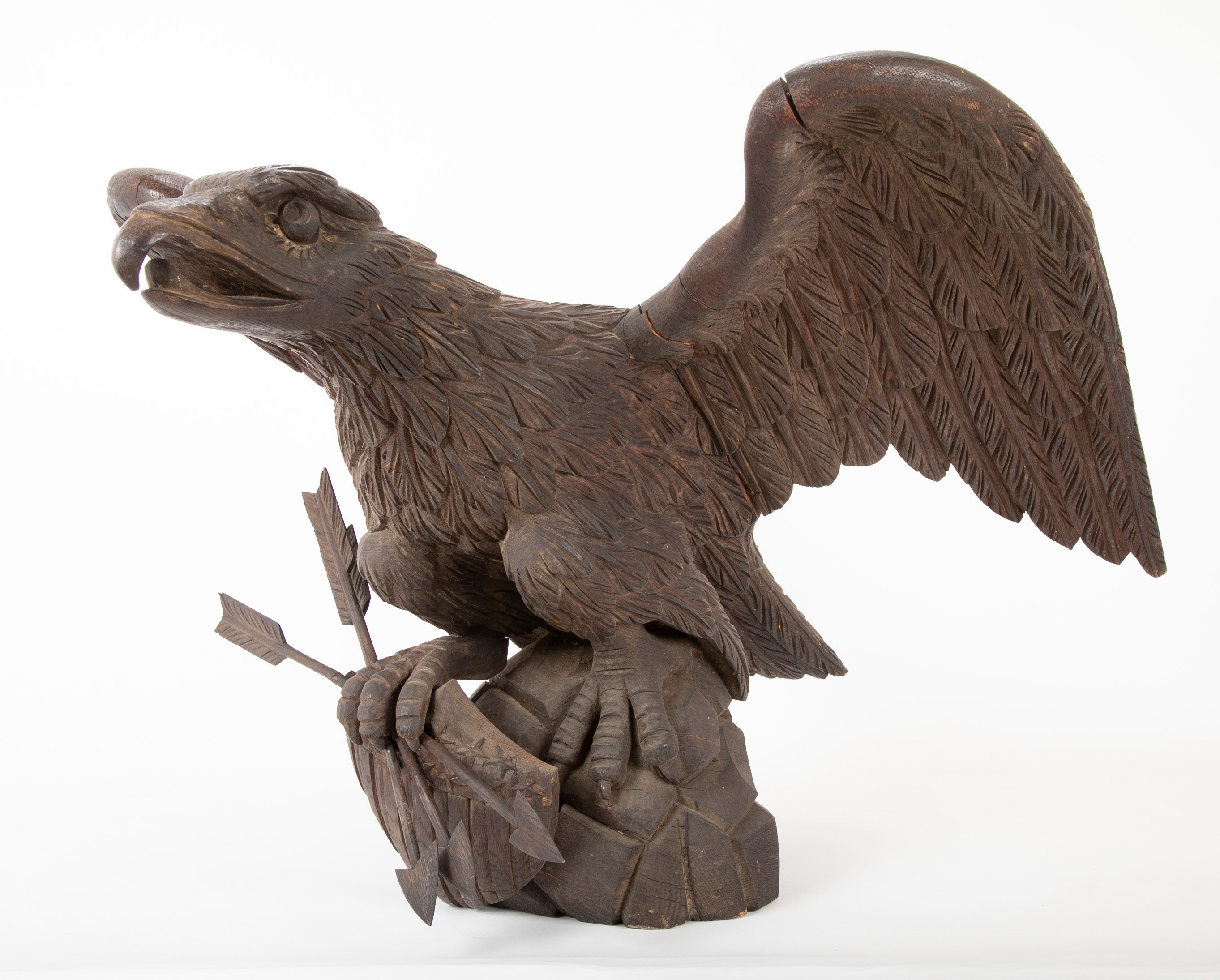 Outstanding Large Oak Carved Eagle Grasping Shield with Three Arrows in His Talons