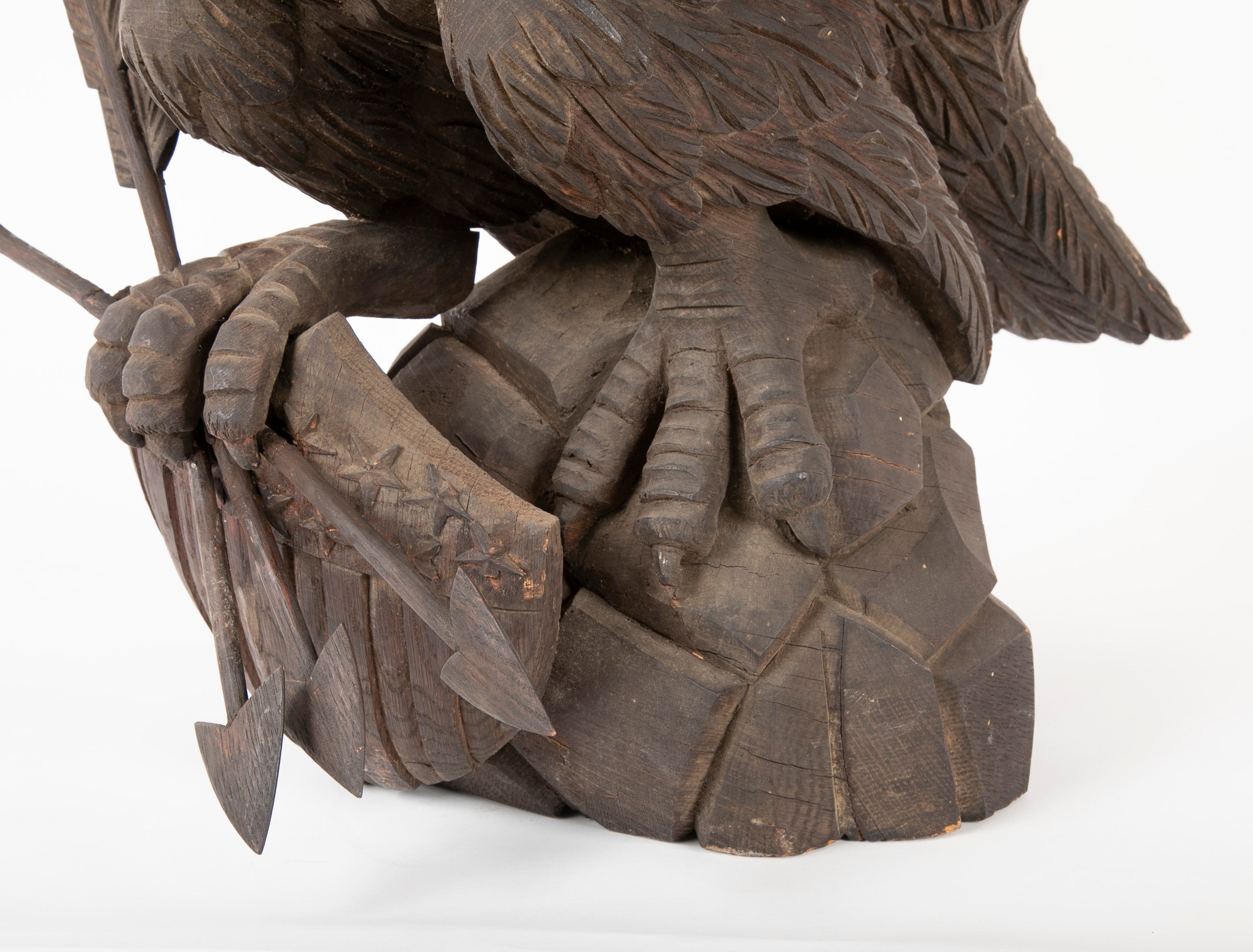 Outstanding Large Oak Carved Eagle Grasping Shield with Three Arrows in His Talons