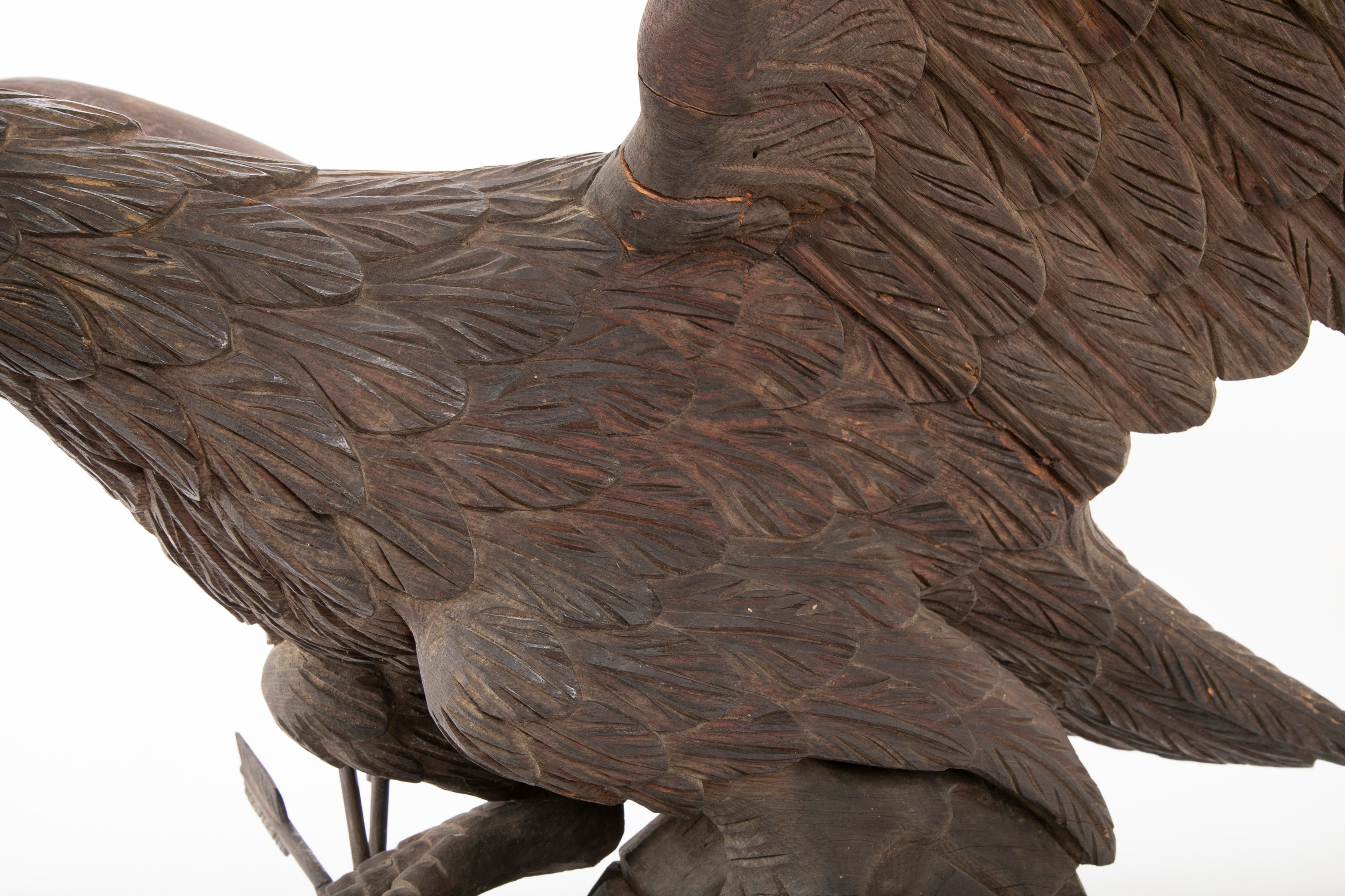 Outstanding Large Oak Carved Eagle Grasping Shield with Three Arrows in His Talons