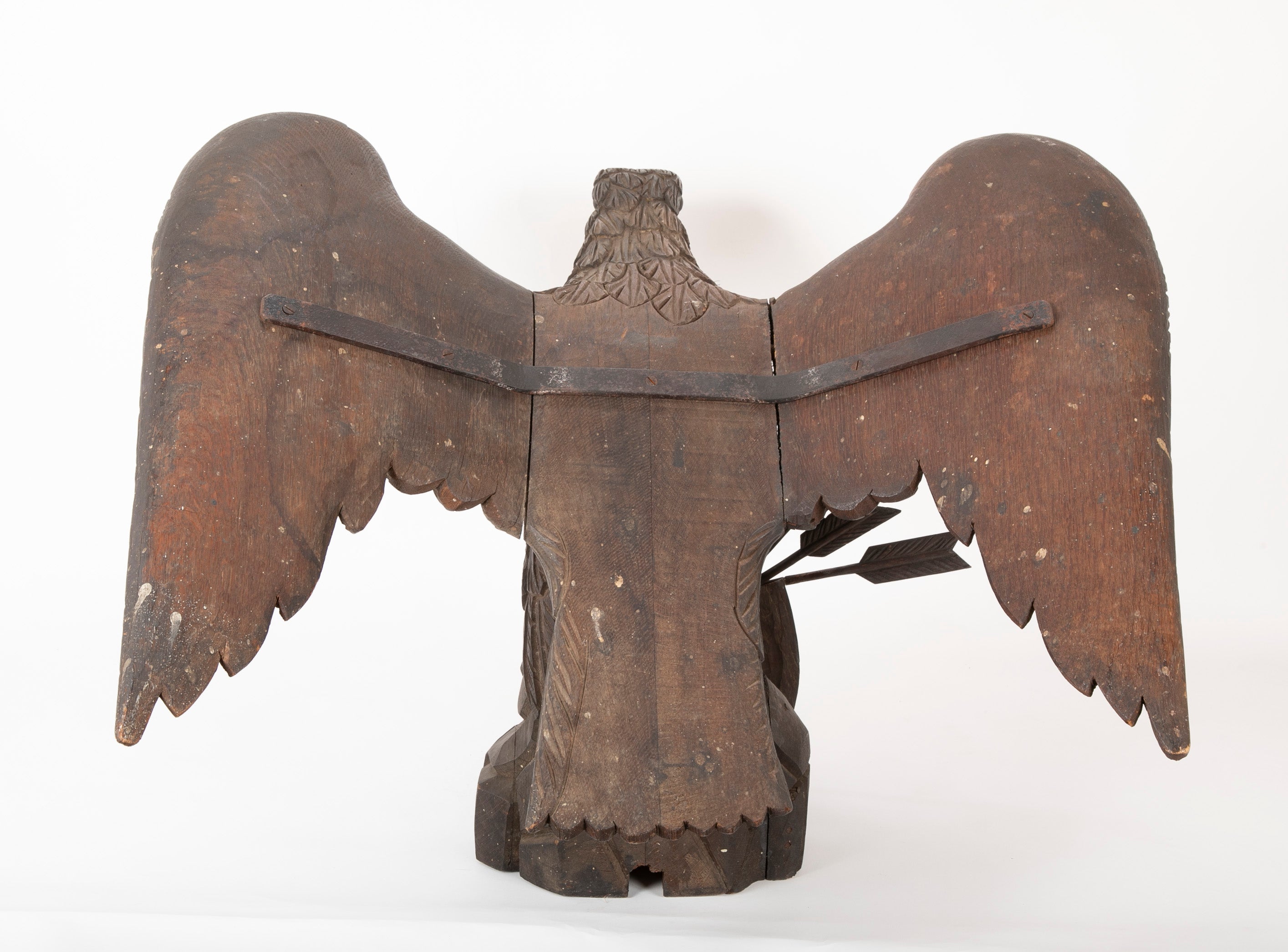 Outstanding Large Oak Carved Eagle Grasping Shield with Three Arrows in His Talons