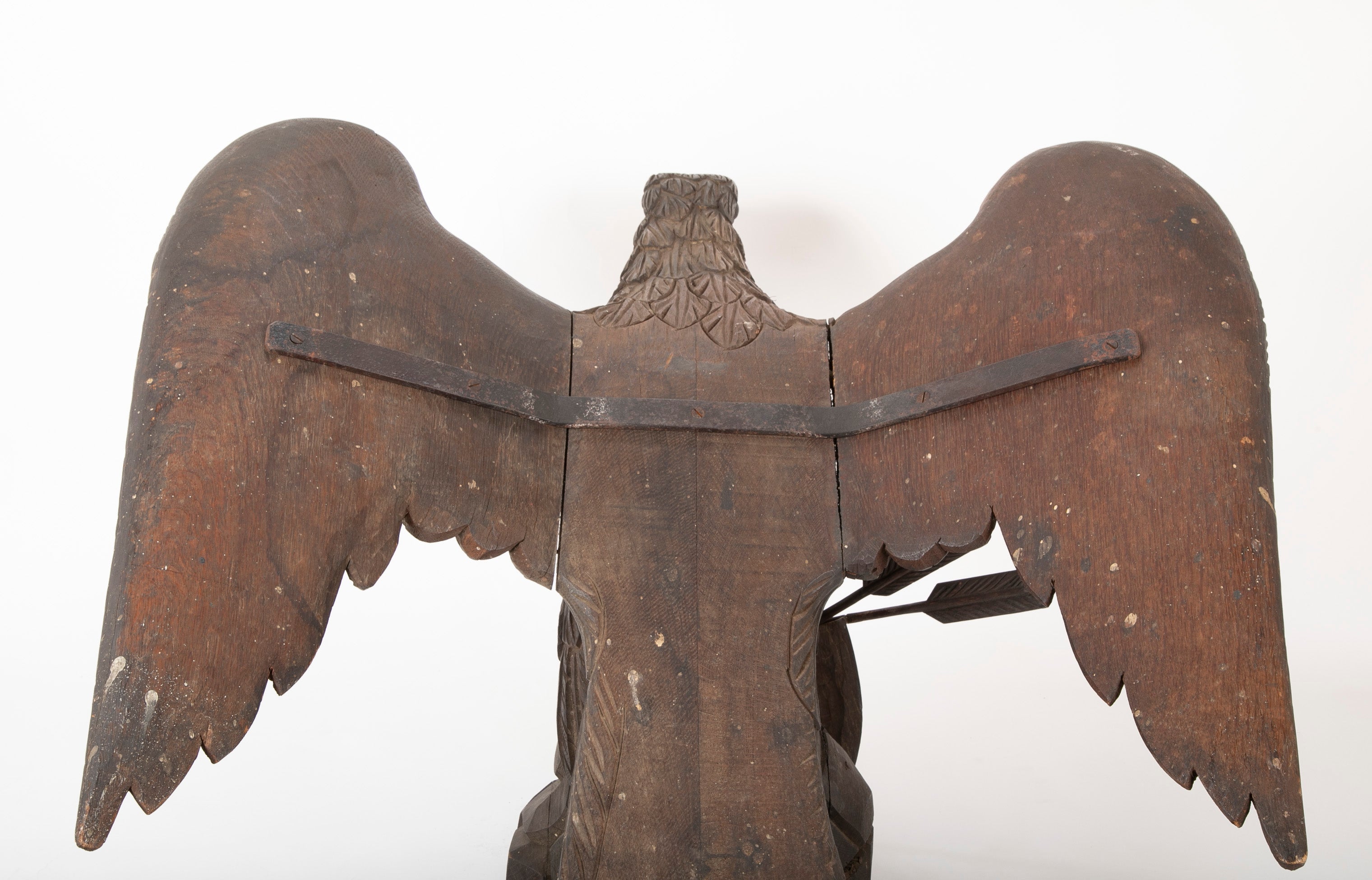 Outstanding Large Oak Carved Eagle Grasping Shield with Three Arrows in His Talons