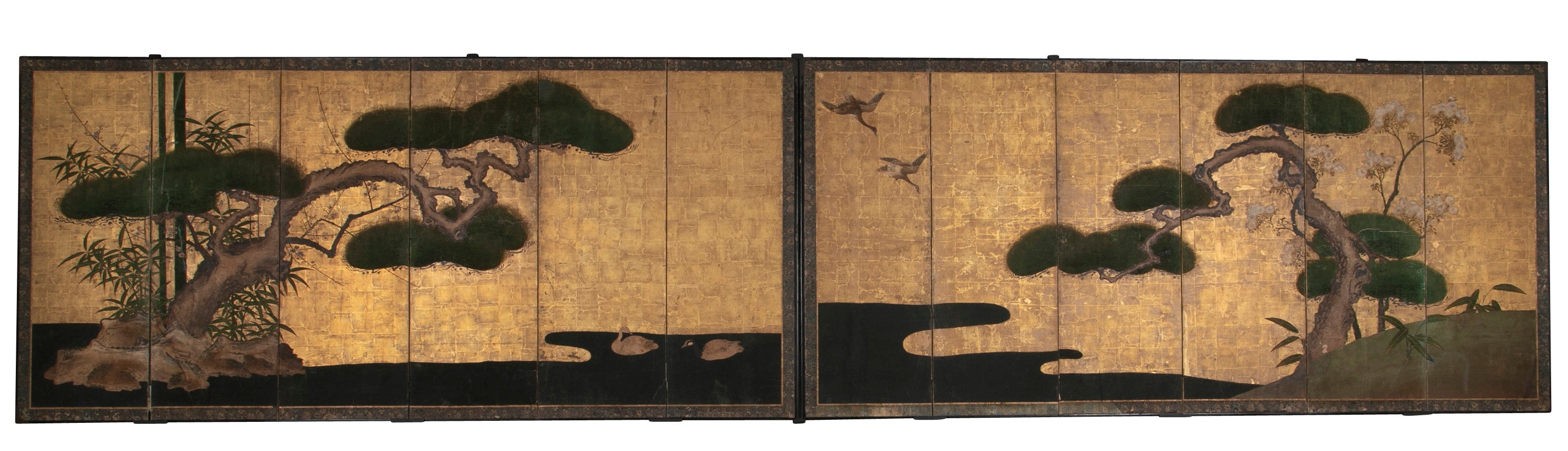 Pair Of Kano School Six Panel Screens "Three Friends Of Winter"