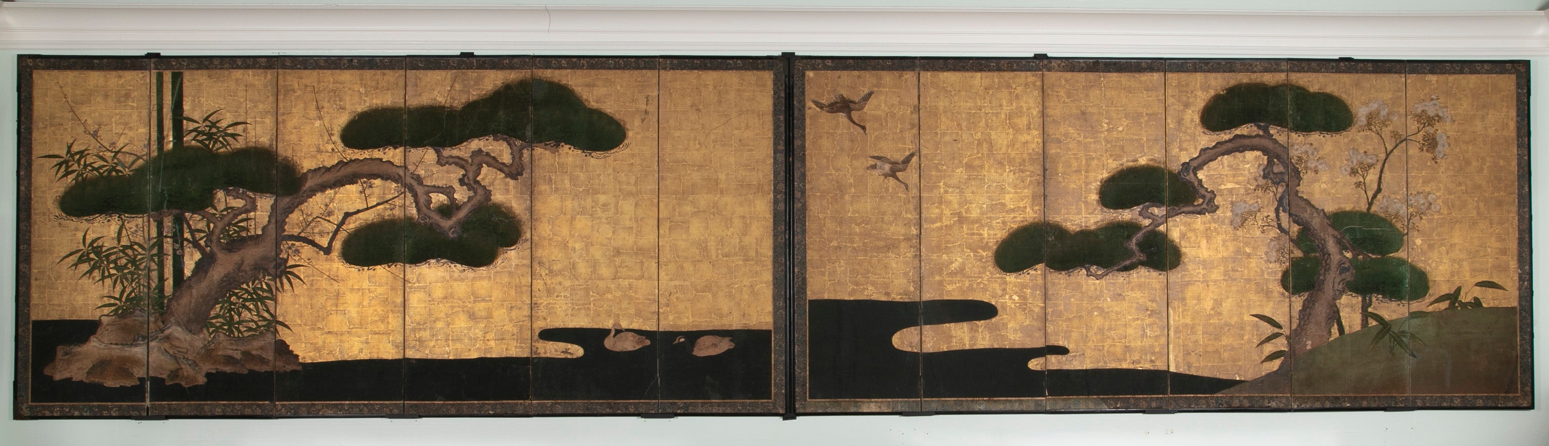 Pair Of Kano School Six Panel Screens "Three Friends Of Winter"