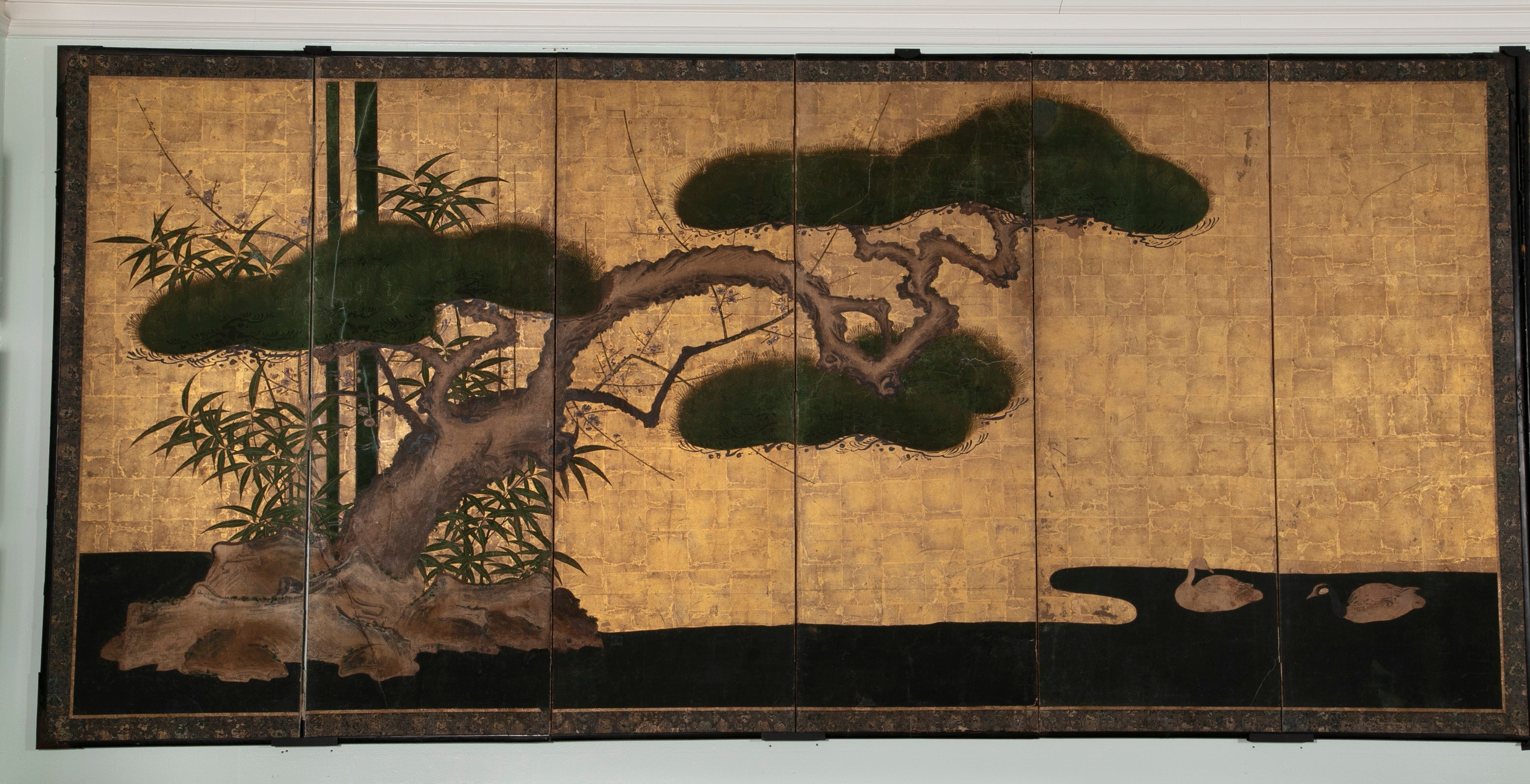 Pair Of Kano School Six Panel Screens "Three Friends Of Winter"