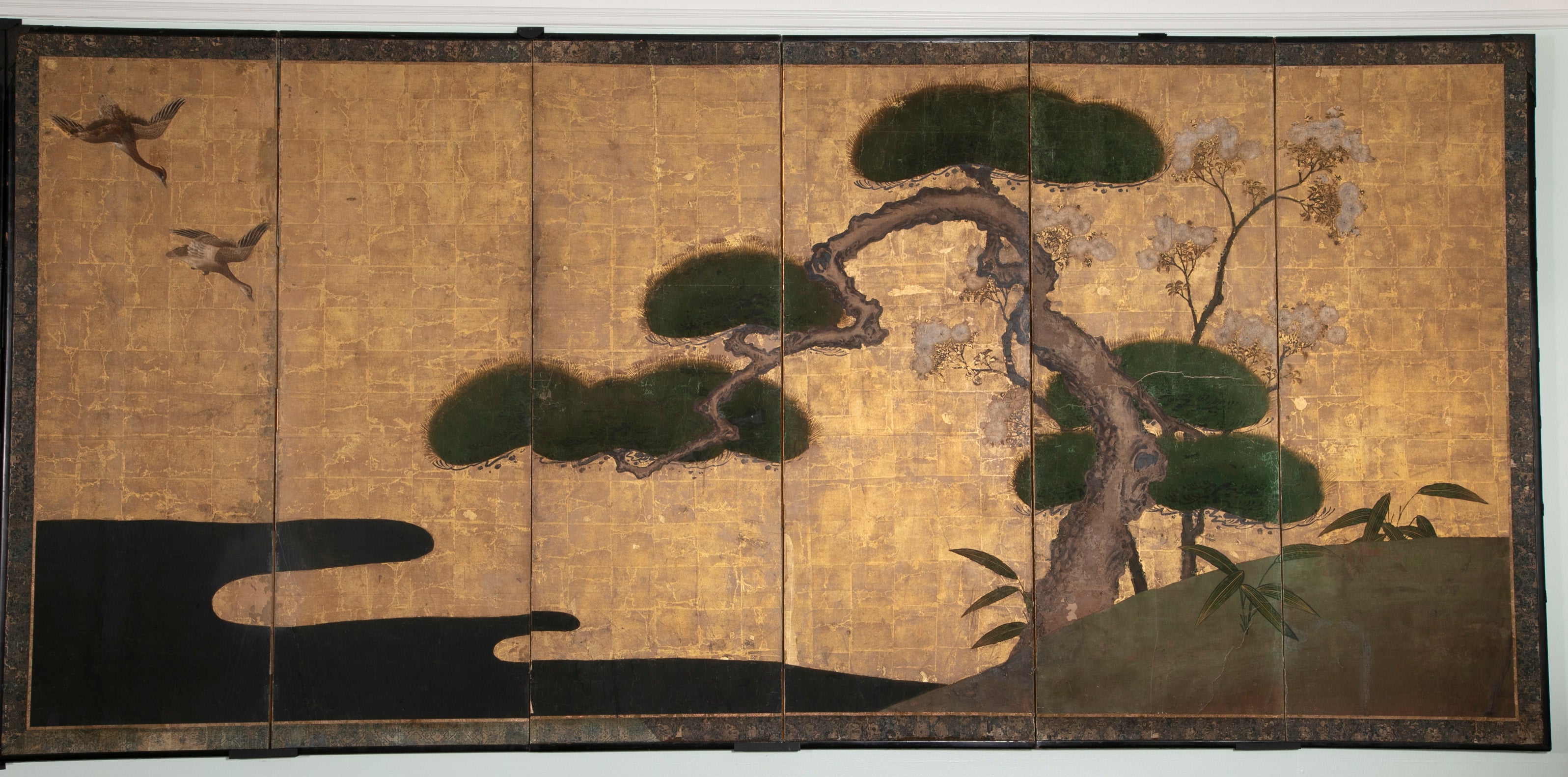Pair Of Kano School Six Panel Screens "Three Friends Of Winter"