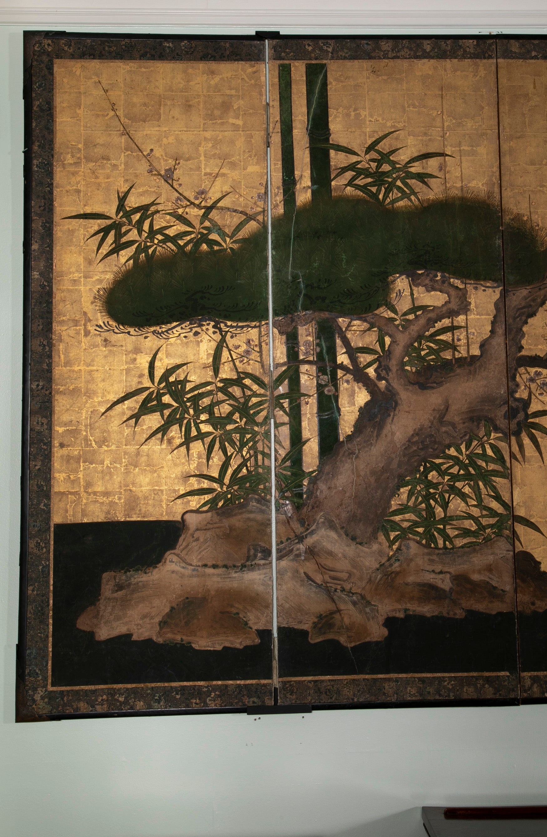 Pair Of Kano School Six Panel Screens "Three Friends Of Winter"