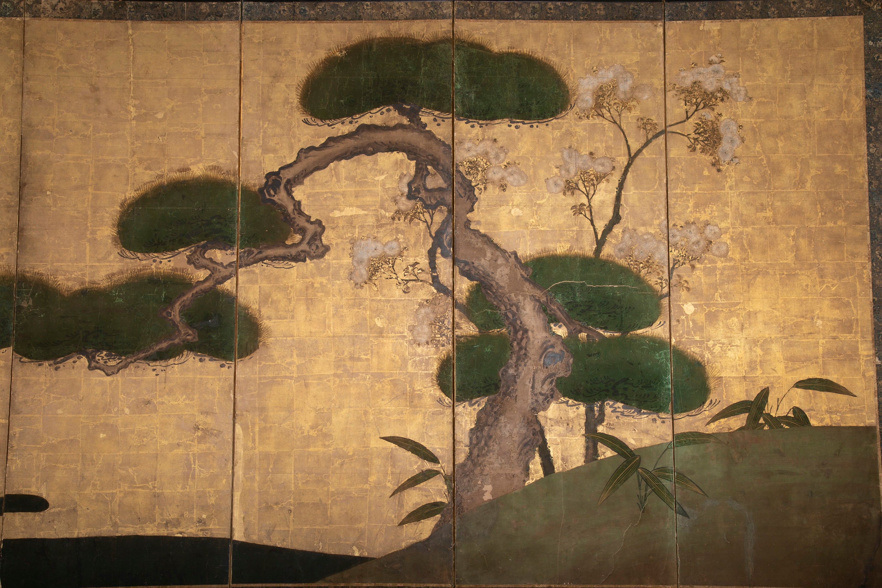 Pair Of Kano School Six Panel Screens "Three Friends Of Winter"