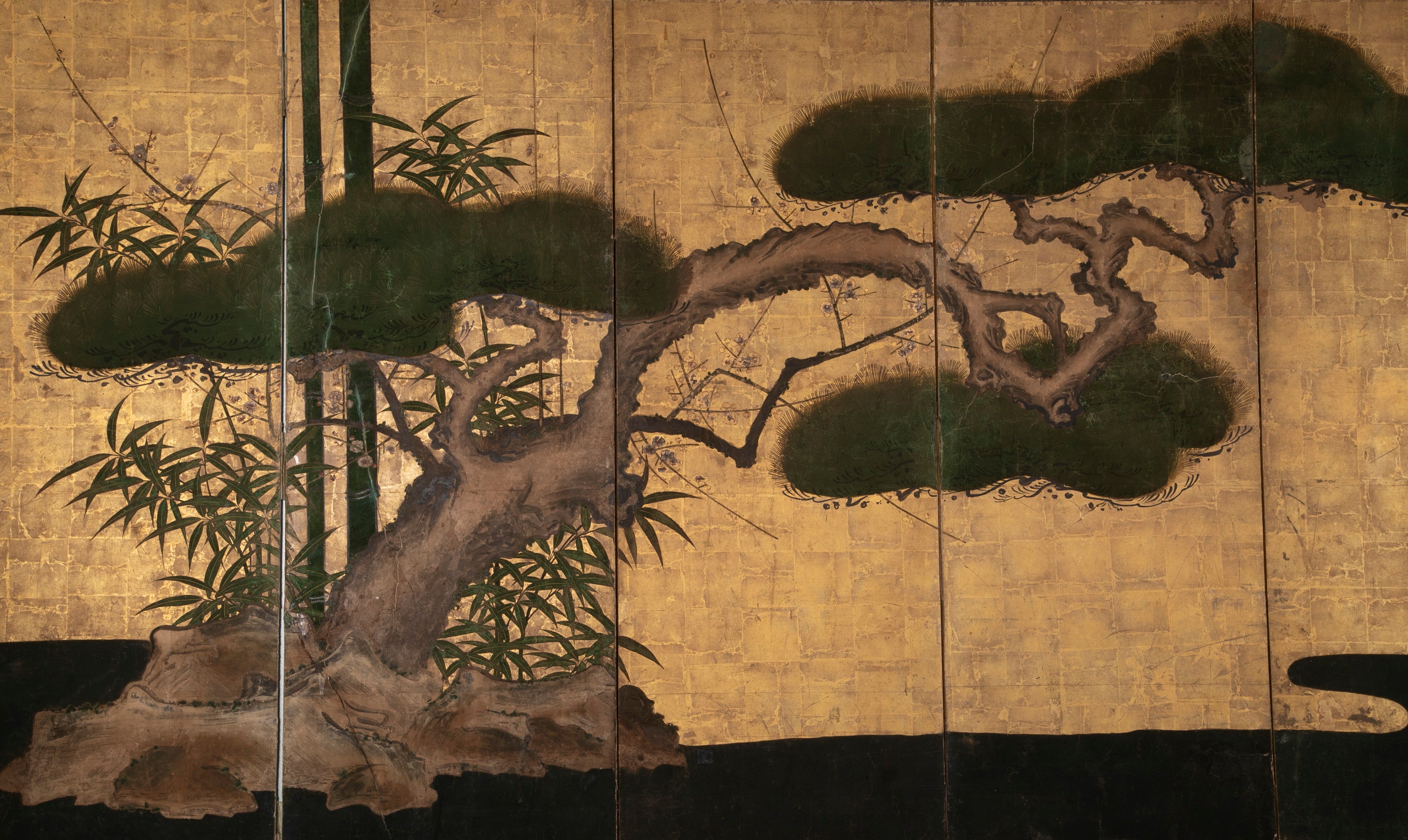 Pair Of Kano School Six Panel Screens "Three Friends Of Winter"