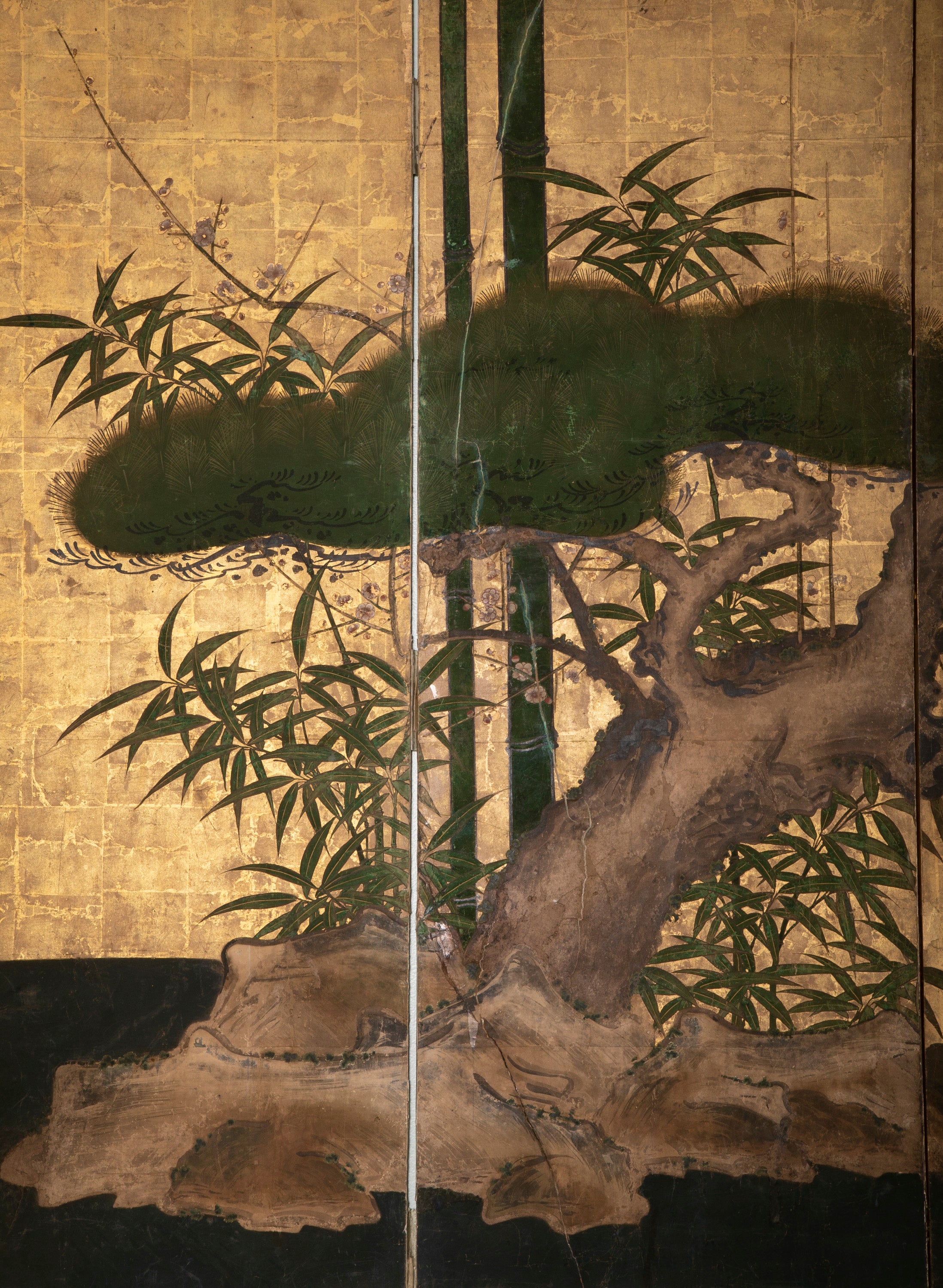 Pair Of Kano School Six Panel Screens "Three Friends Of Winter"