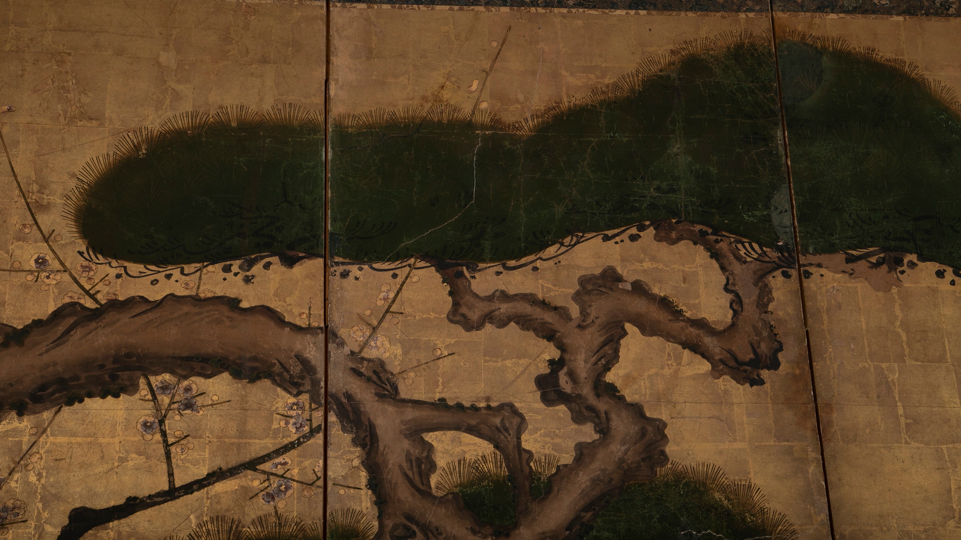 Pair Of Kano School Six Panel Screens "Three Friends Of Winter"