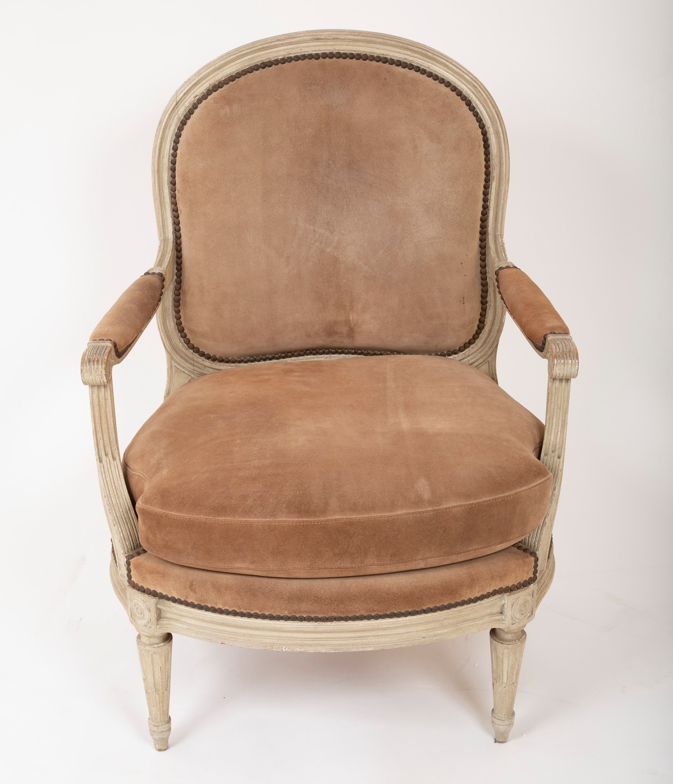 A Pair of Louis XVI Style Suede and Painted Armchairs by Maison Jansen