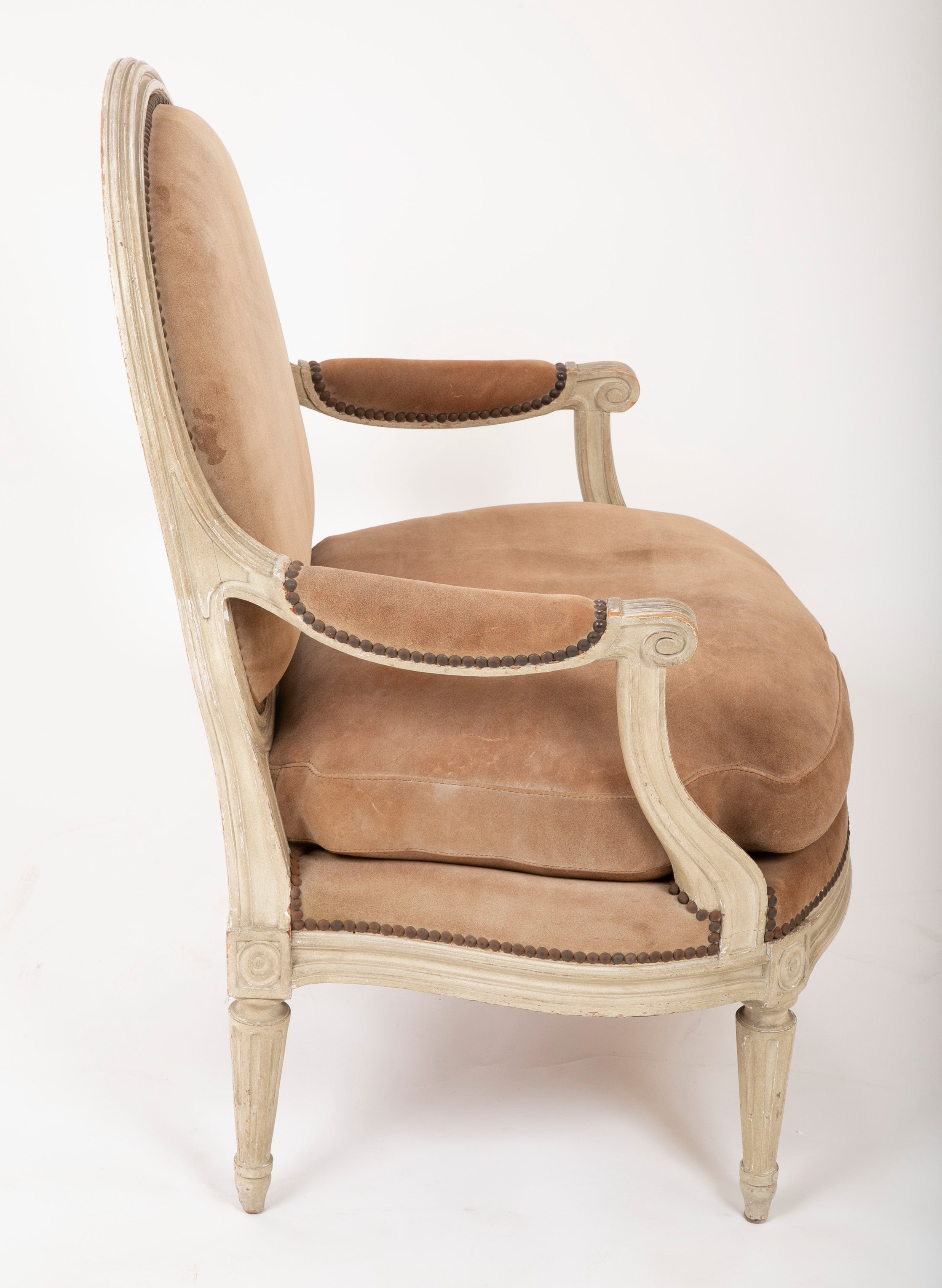 A Pair of Louis XVI Style Suede and Painted Armchairs by Maison Jansen