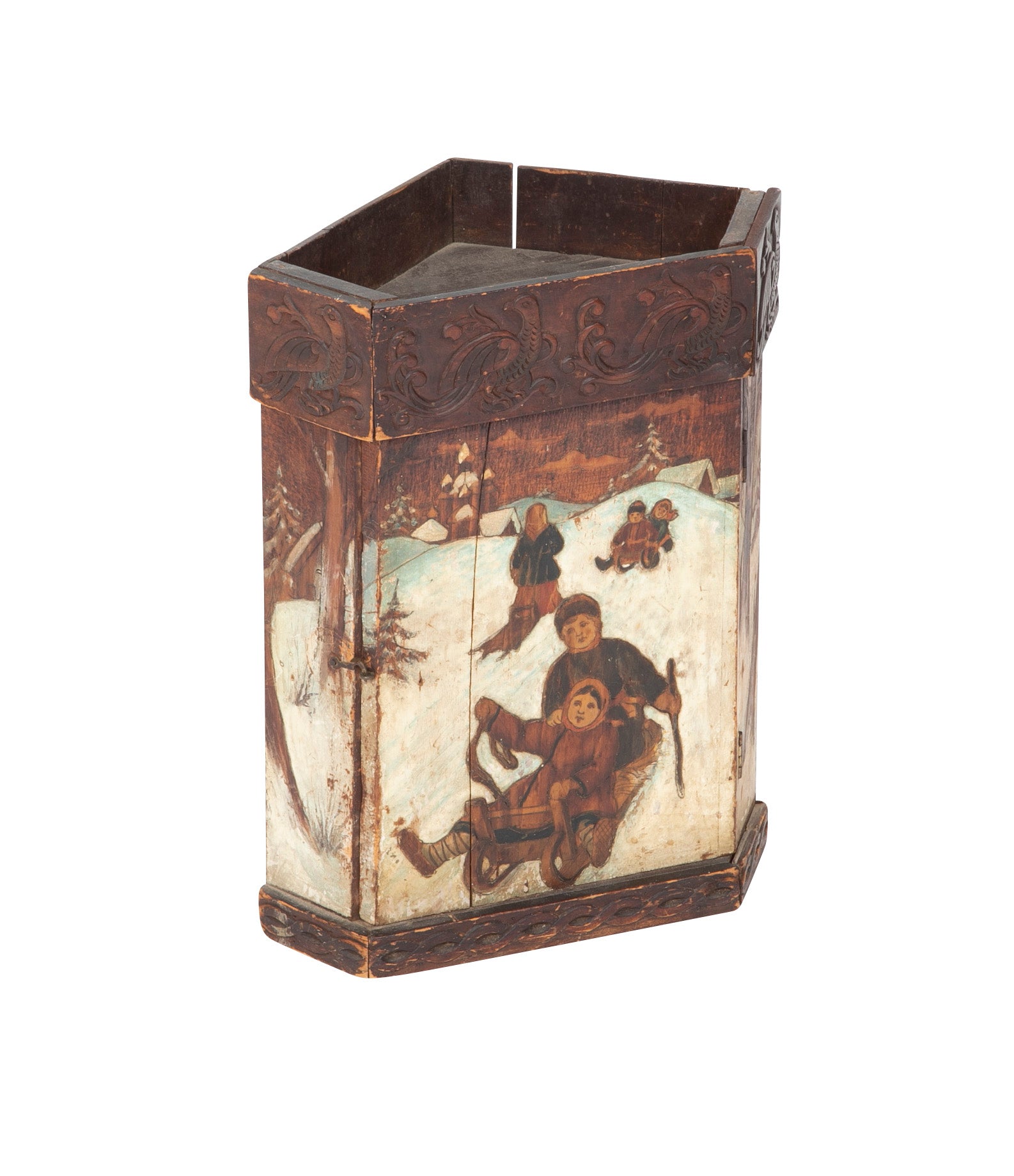 Rare Miniature Eastern European Corner Cupboard with Painted Children Sledding Motif