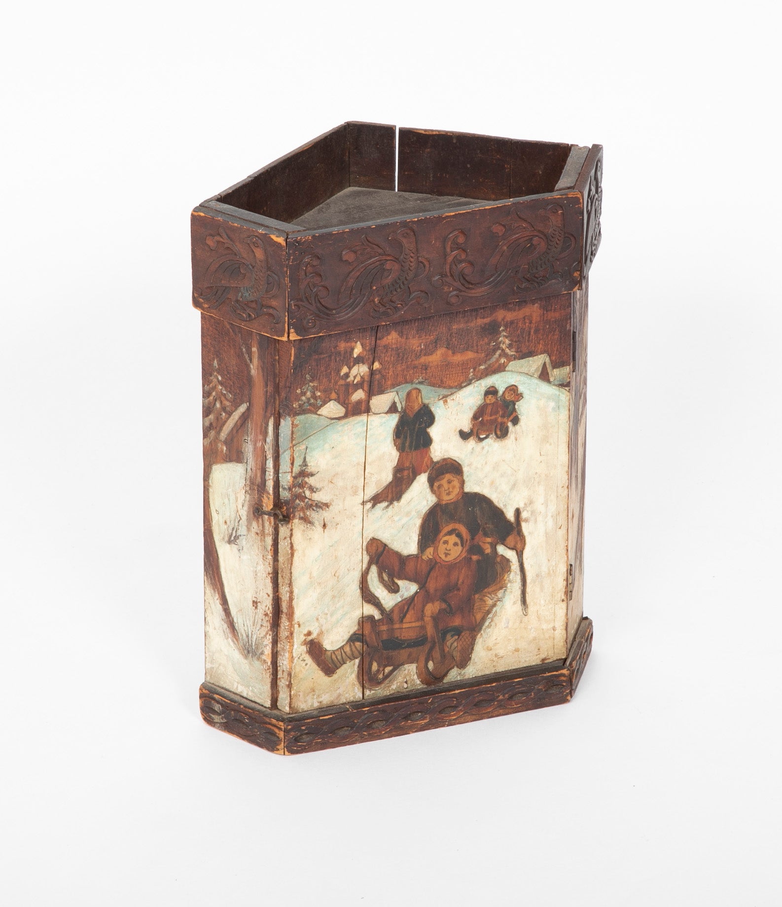 Rare Miniature Eastern European Corner Cupboard with Painted Children Sledding Motif