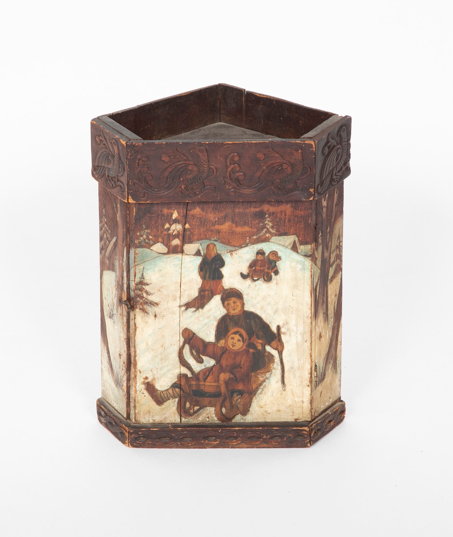 Rare Miniature Eastern European Corner Cupboard with Painted Children Sledding Motif