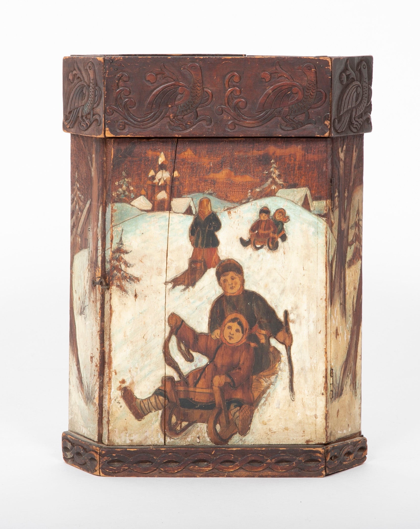 Rare Miniature Eastern European Corner Cupboard with Painted Children Sledding Motif