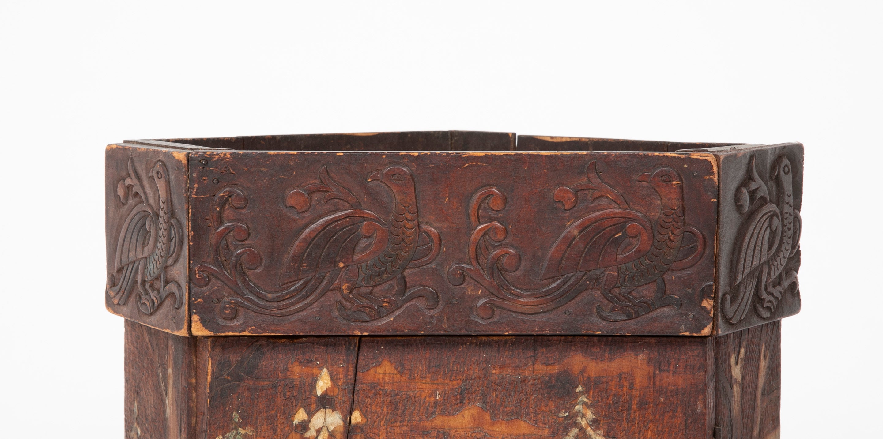 Rare Miniature Eastern European Corner Cupboard with Painted Children Sledding Motif