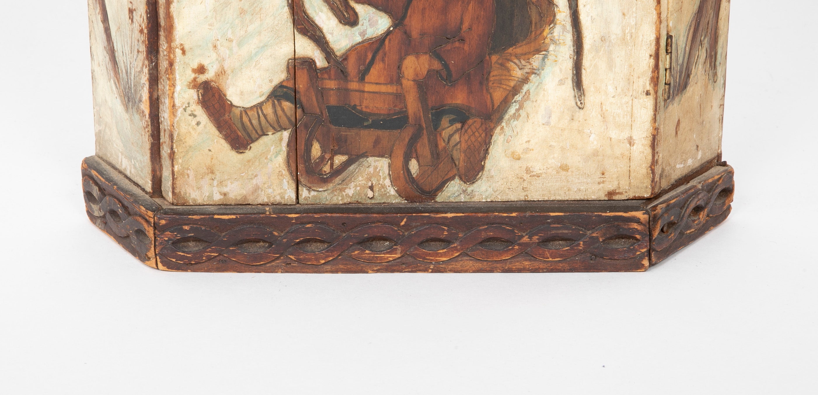 Rare Miniature Eastern European Corner Cupboard with Painted Children Sledding Motif