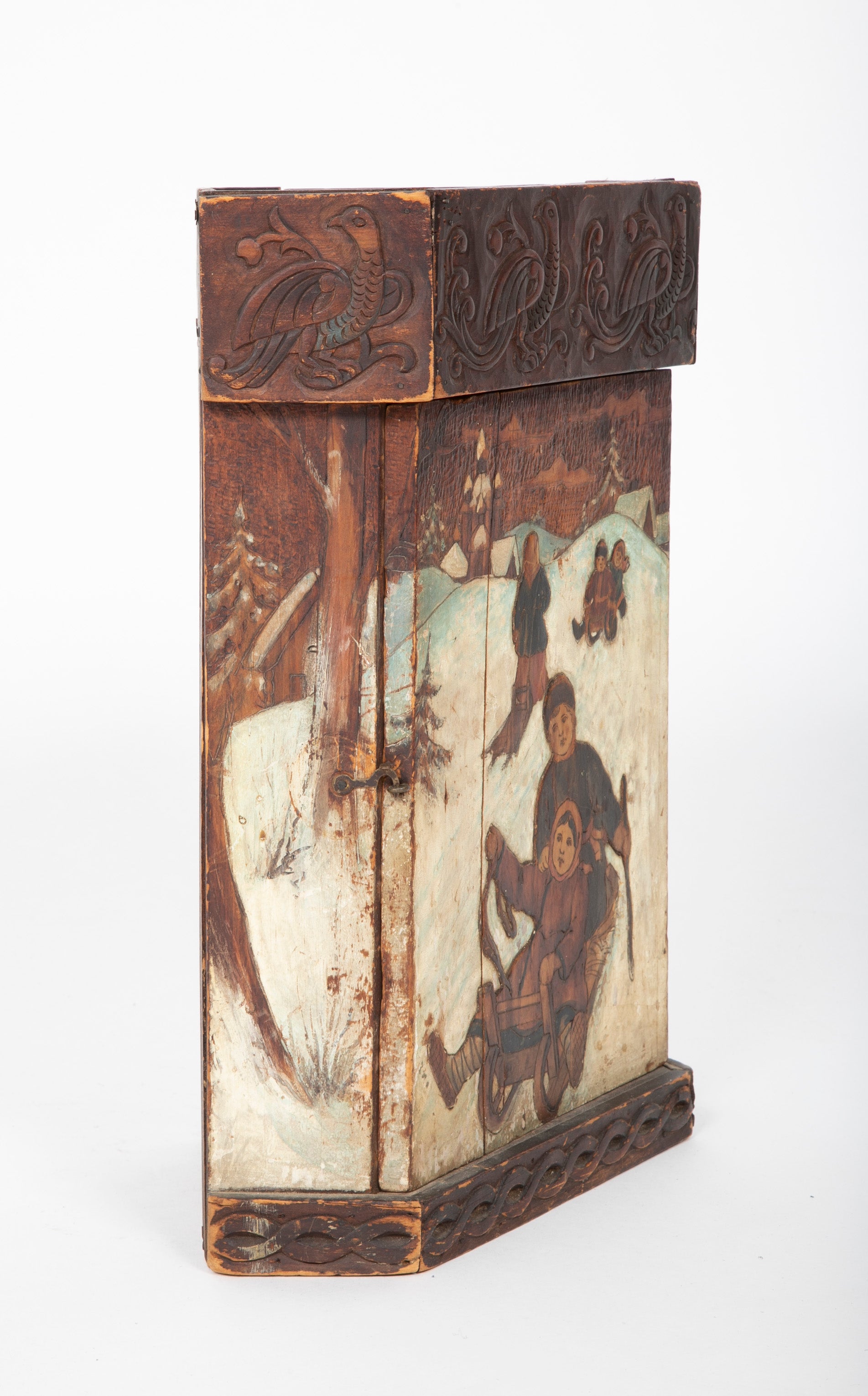 Rare Miniature Eastern European Corner Cupboard with Painted Children Sledding Motif