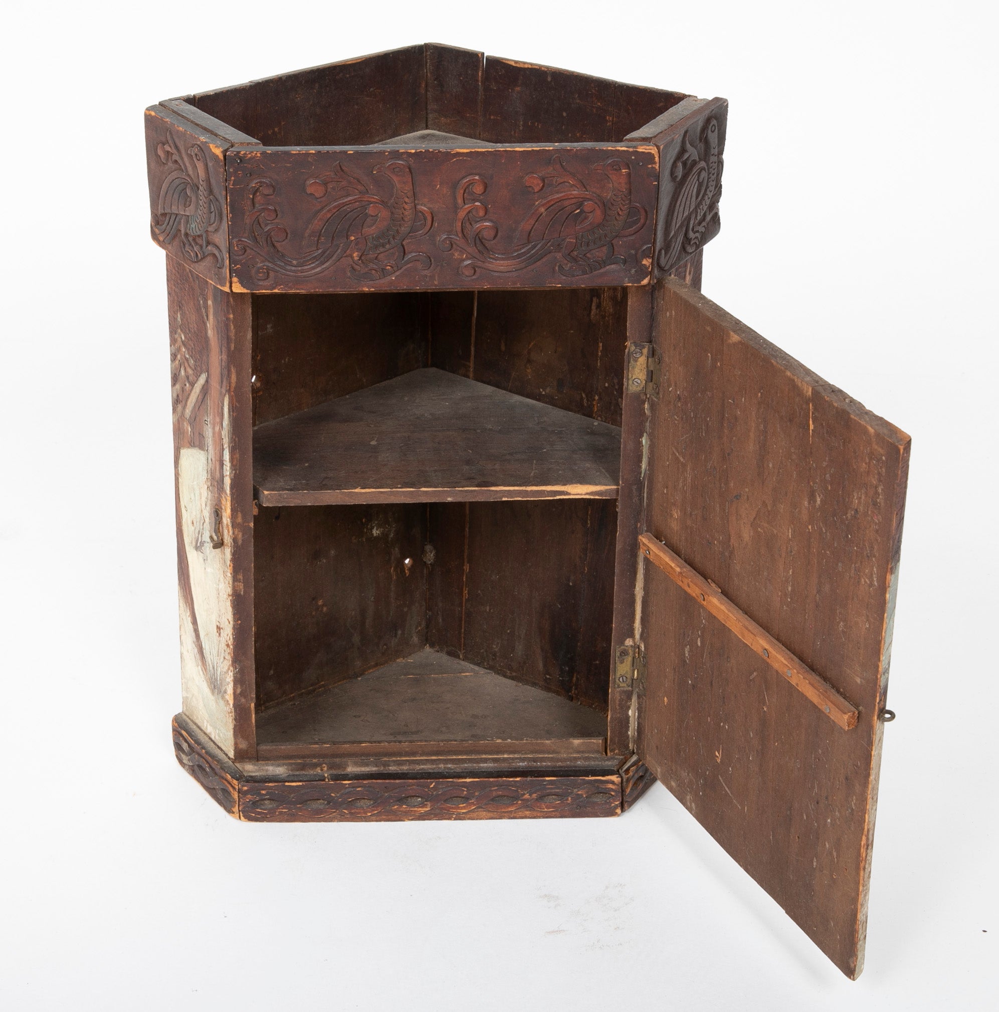 Rare Miniature Eastern European Corner Cupboard with Painted Children Sledding Motif