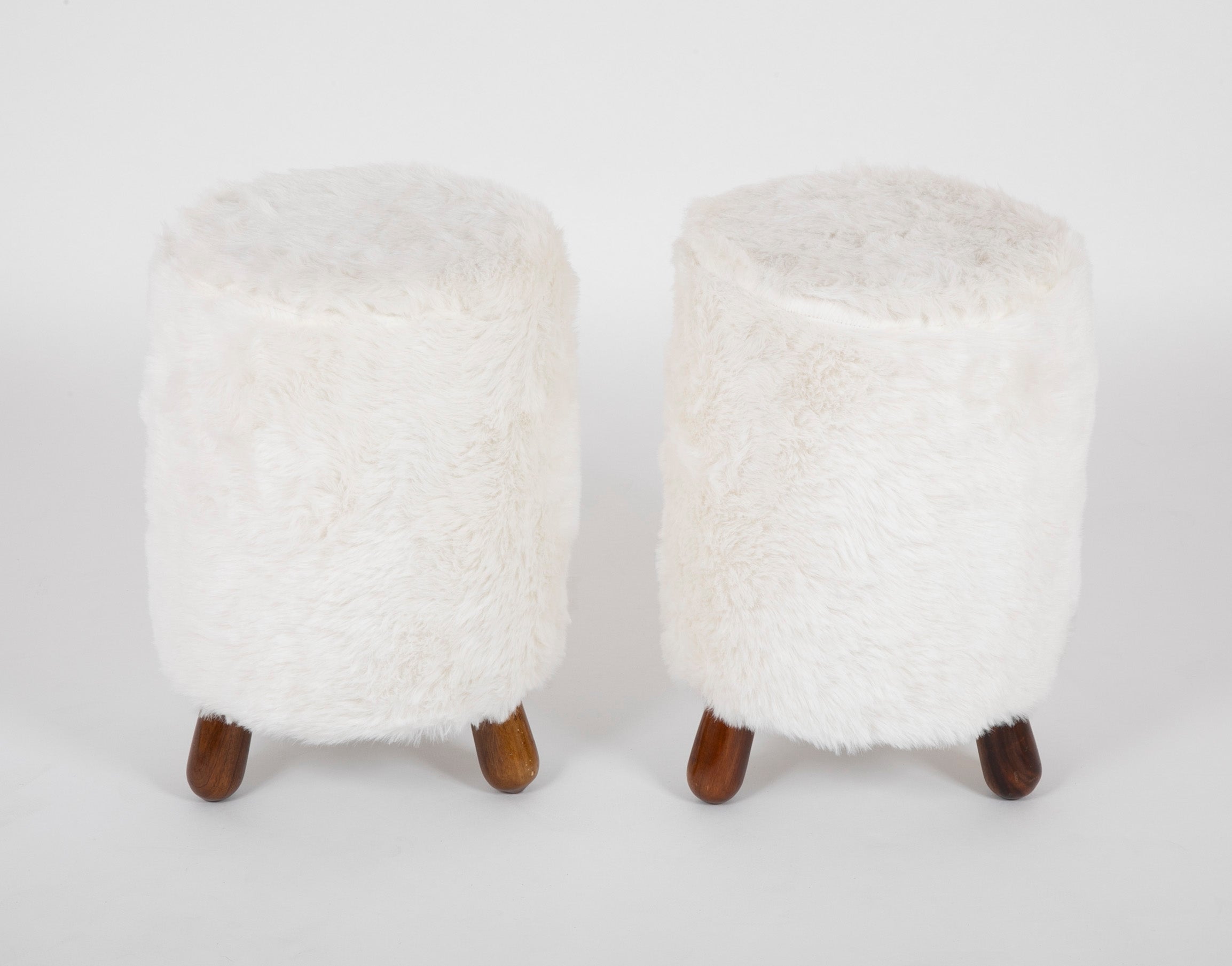 Pair of Faux Lambskin Upholstered Stools in the Manner of Jean Royere