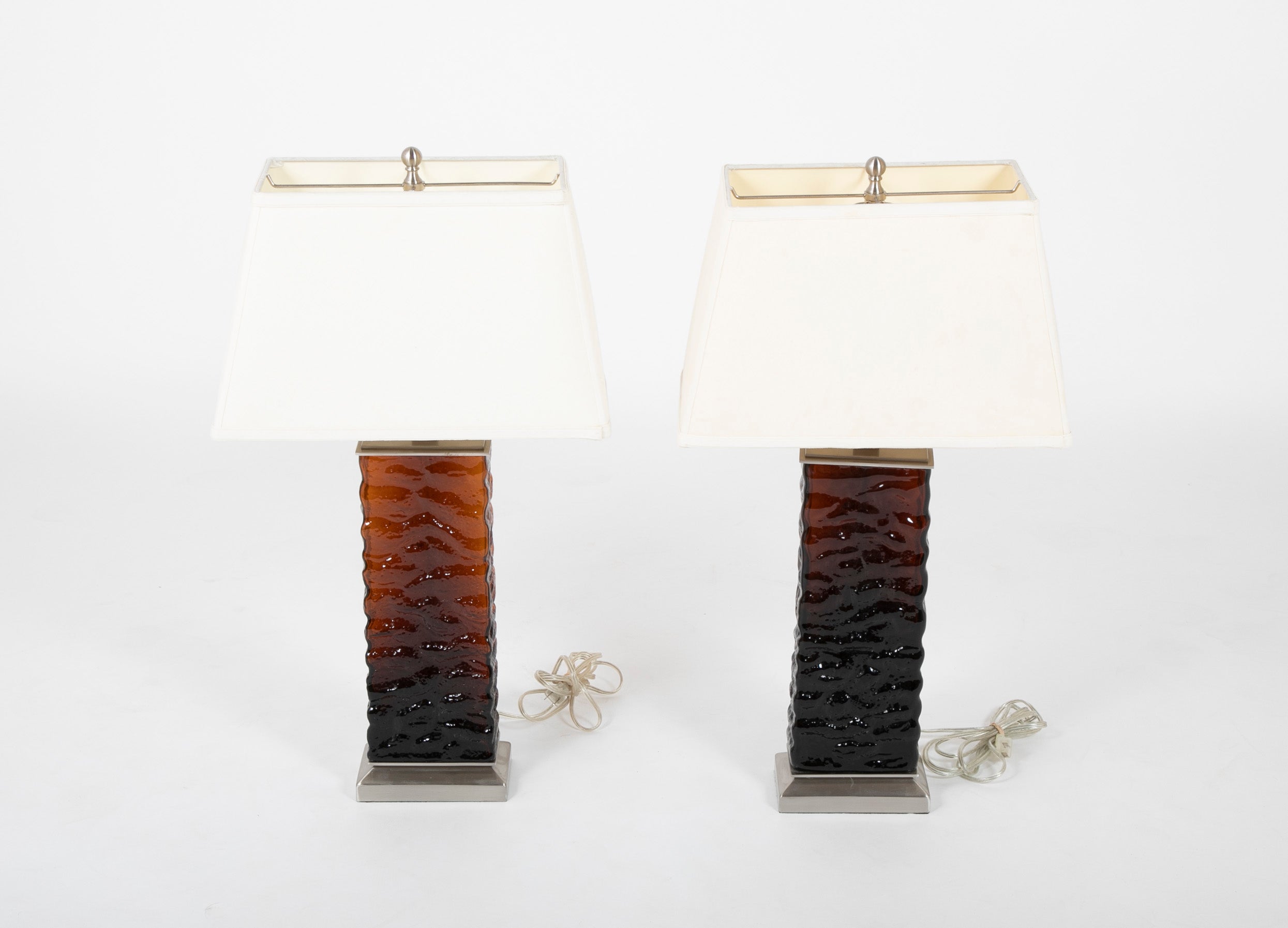A Pair of Mid-Century Wavy Amber Glass & Steel Lamps