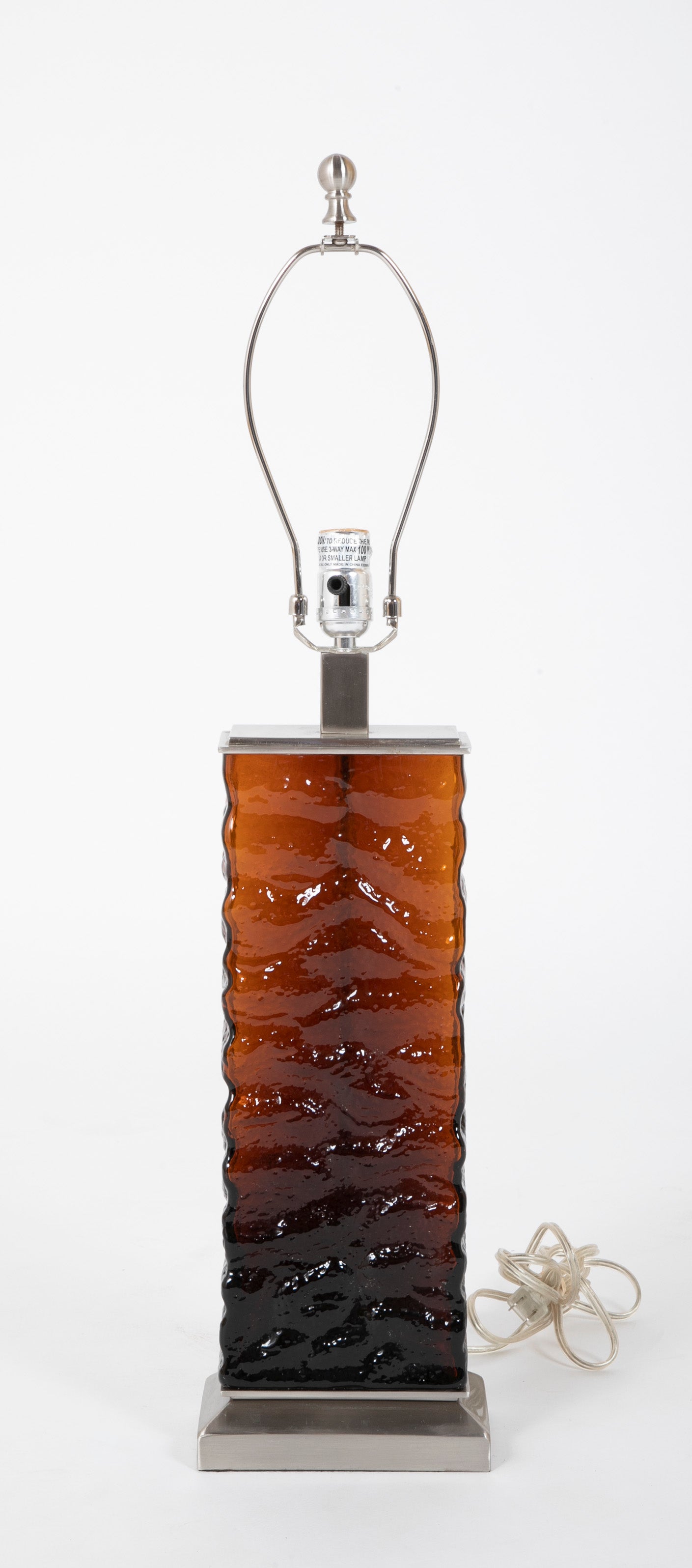 A Pair of Mid-Century Wavy Amber Glass & Steel Lamps