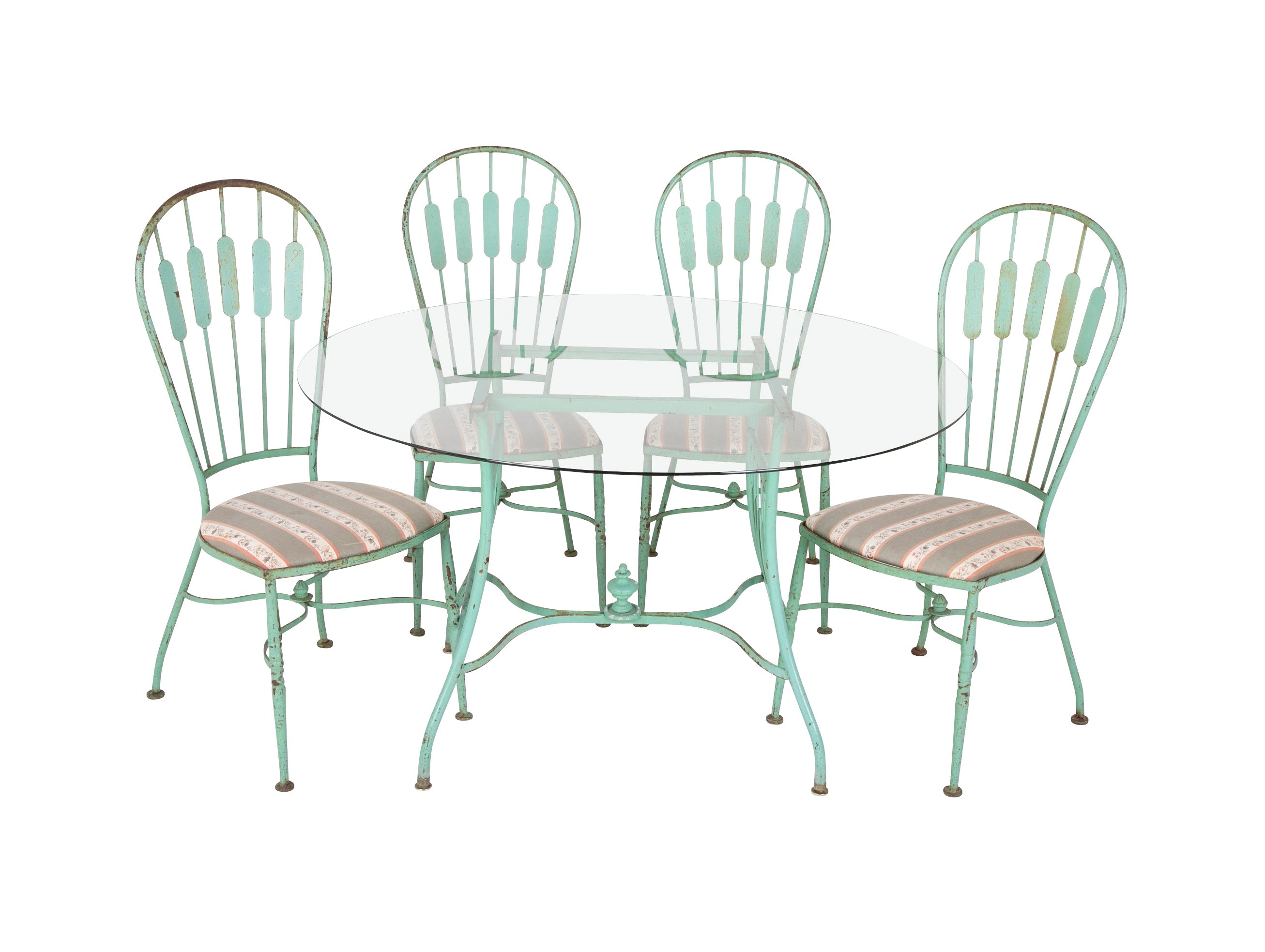 19th Century French Iron Glass Top Dining Table with Four Matching Chairs