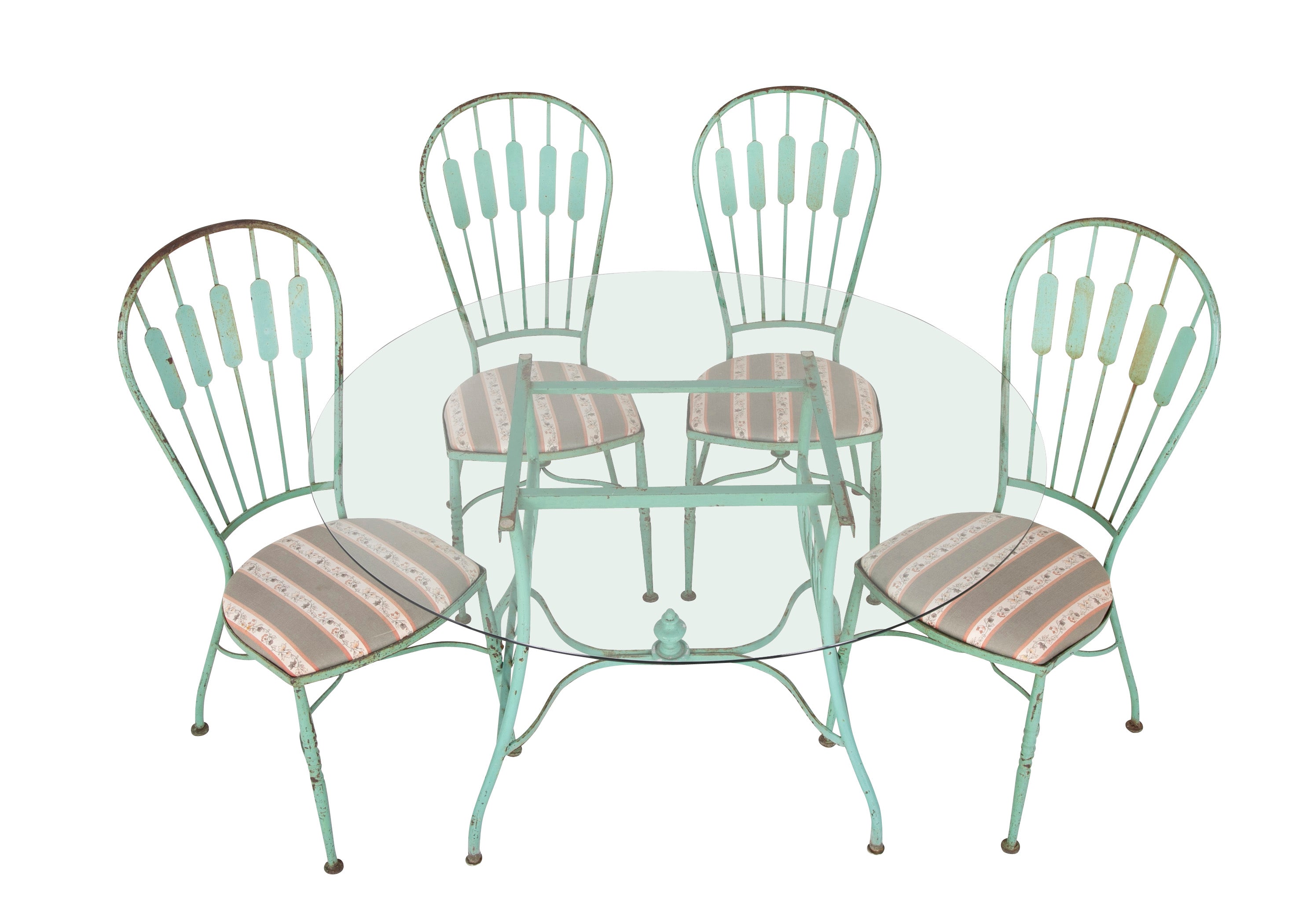 19th Century French Iron Glass Top Dining Table with Four Matching Chairs