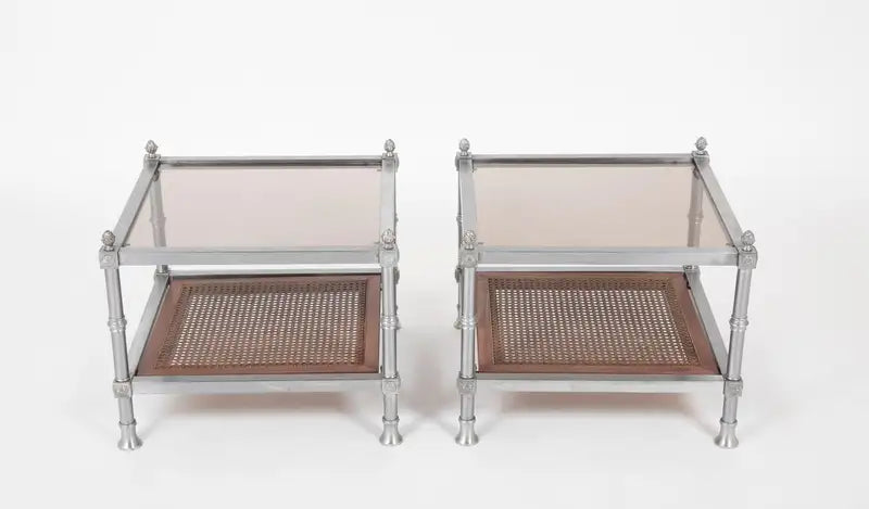 Pair of French Mid-20th Century Maison Jansen Brushed Steel Side Tables