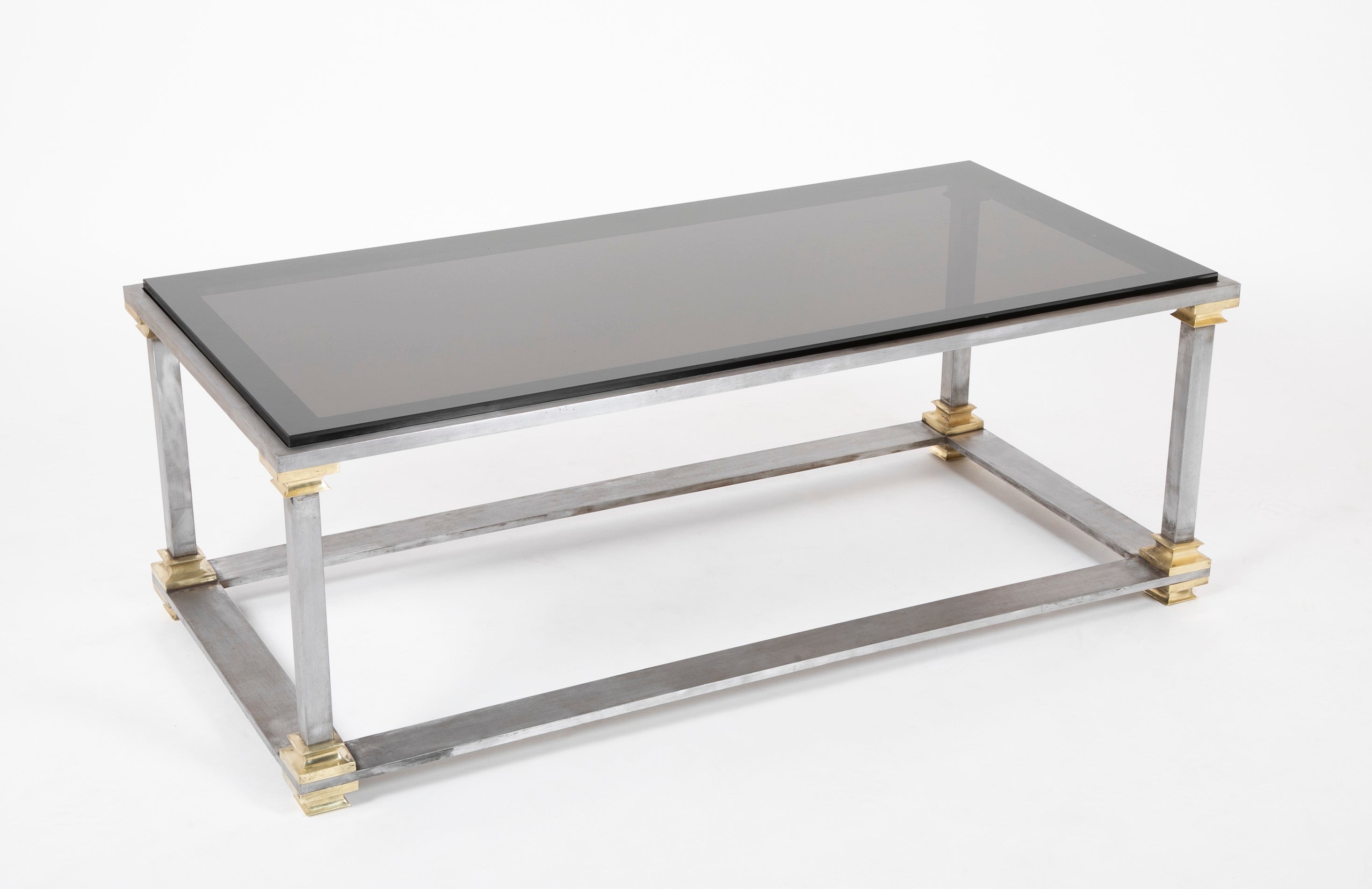 Maison Jansen Style Steel & Brass Glass Top Coffee Table