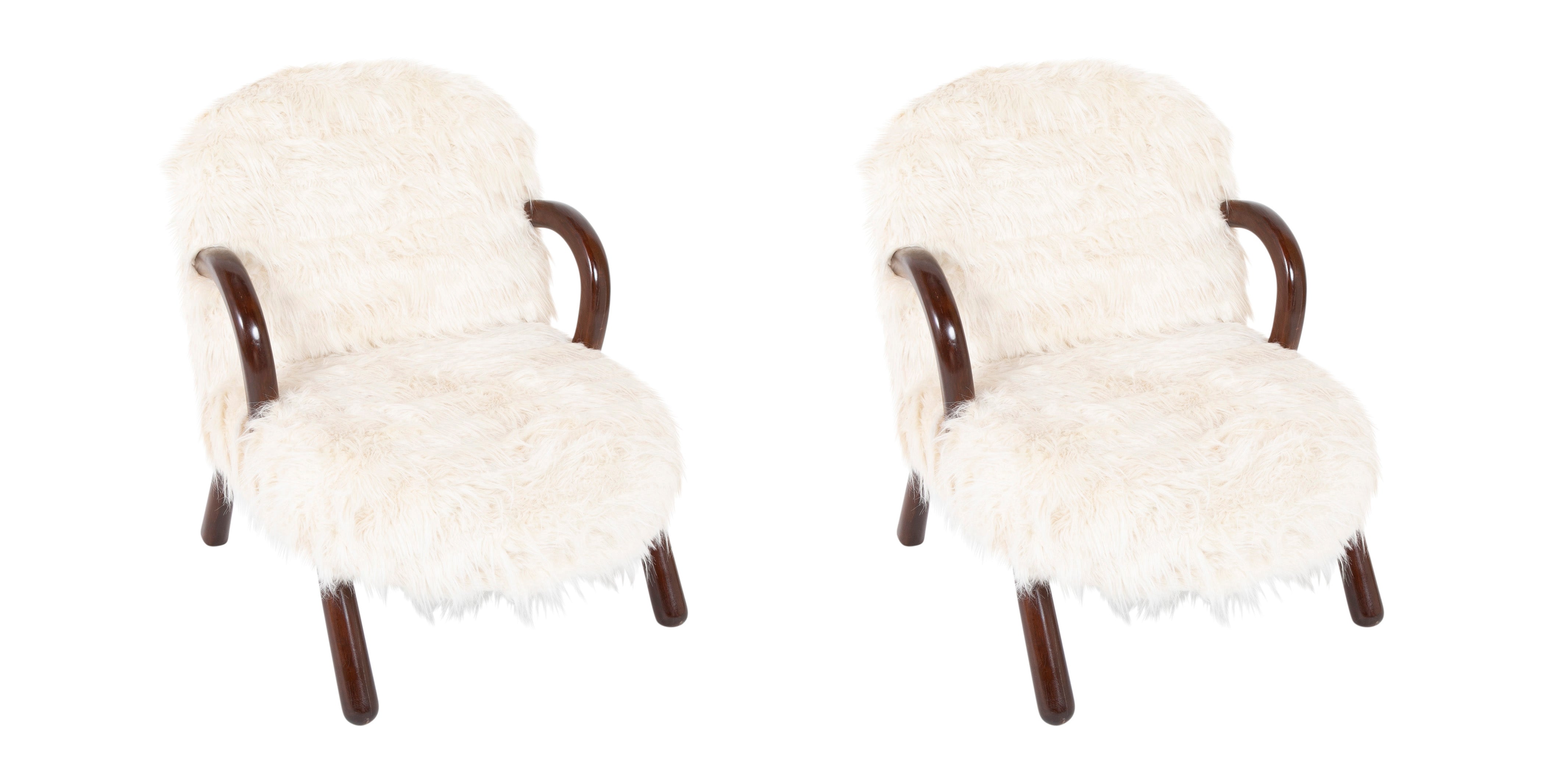 Pair of Faux Goat Hair Upholstered Armchairs in the Manner of Jean Royere