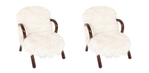 Pair of Faux Goat Hair Upholstered Armchairs in the Manner of Jean Royere