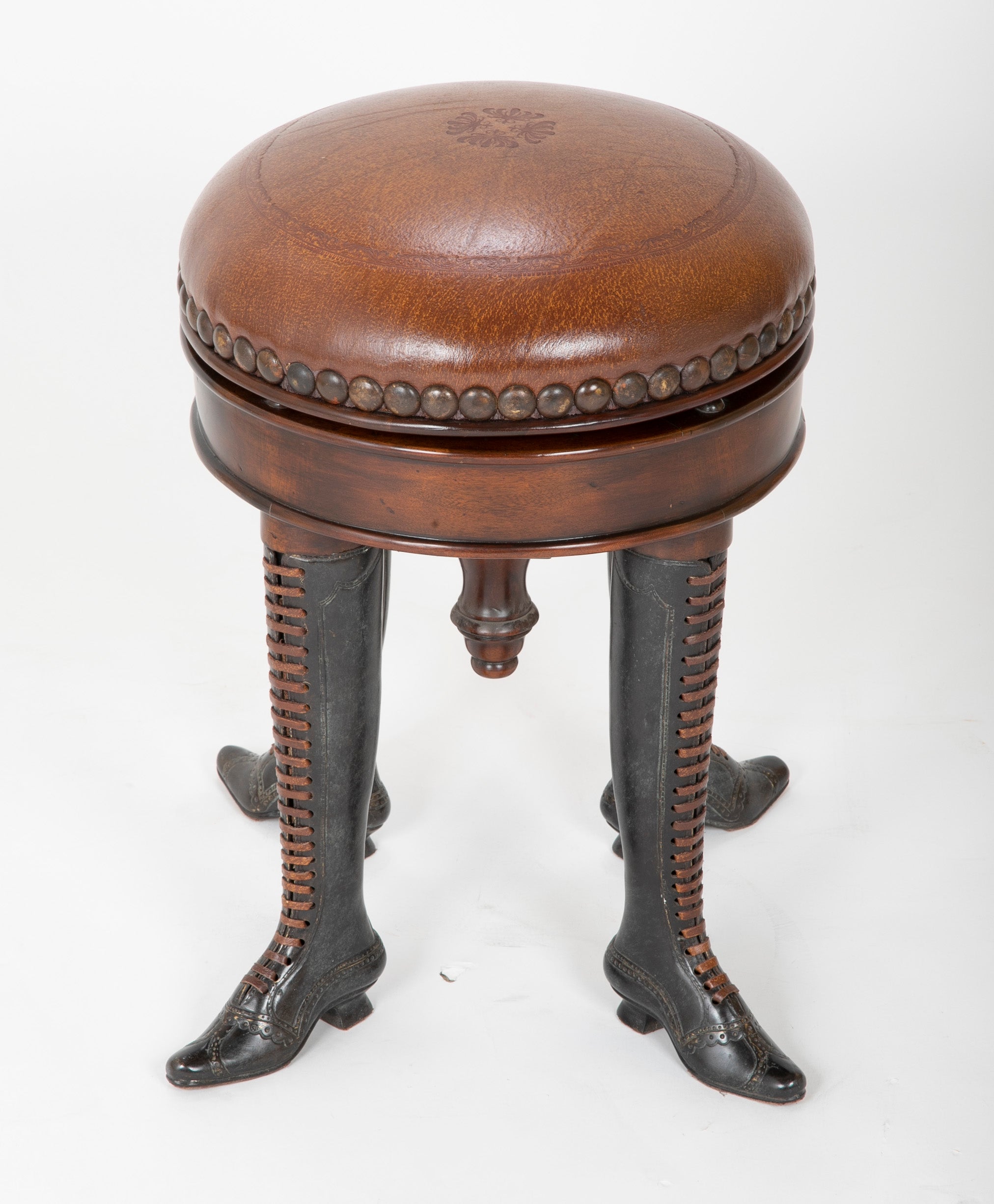 Bronze Four Legged Adjustable Revolving Stool with Leather Upholstered Seat