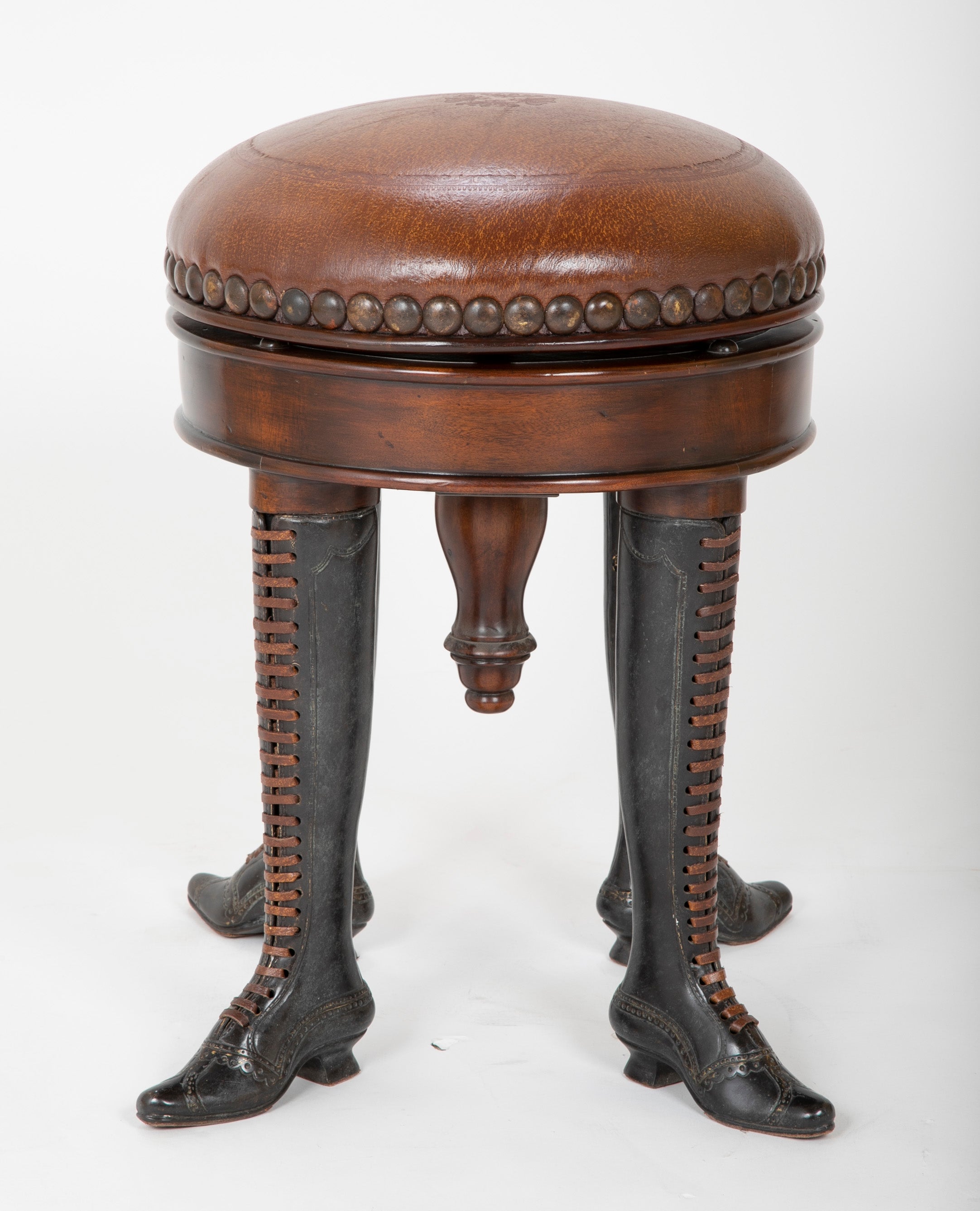 Bronze Four Legged Adjustable Revolving Stool with Leather Upholstered Seat